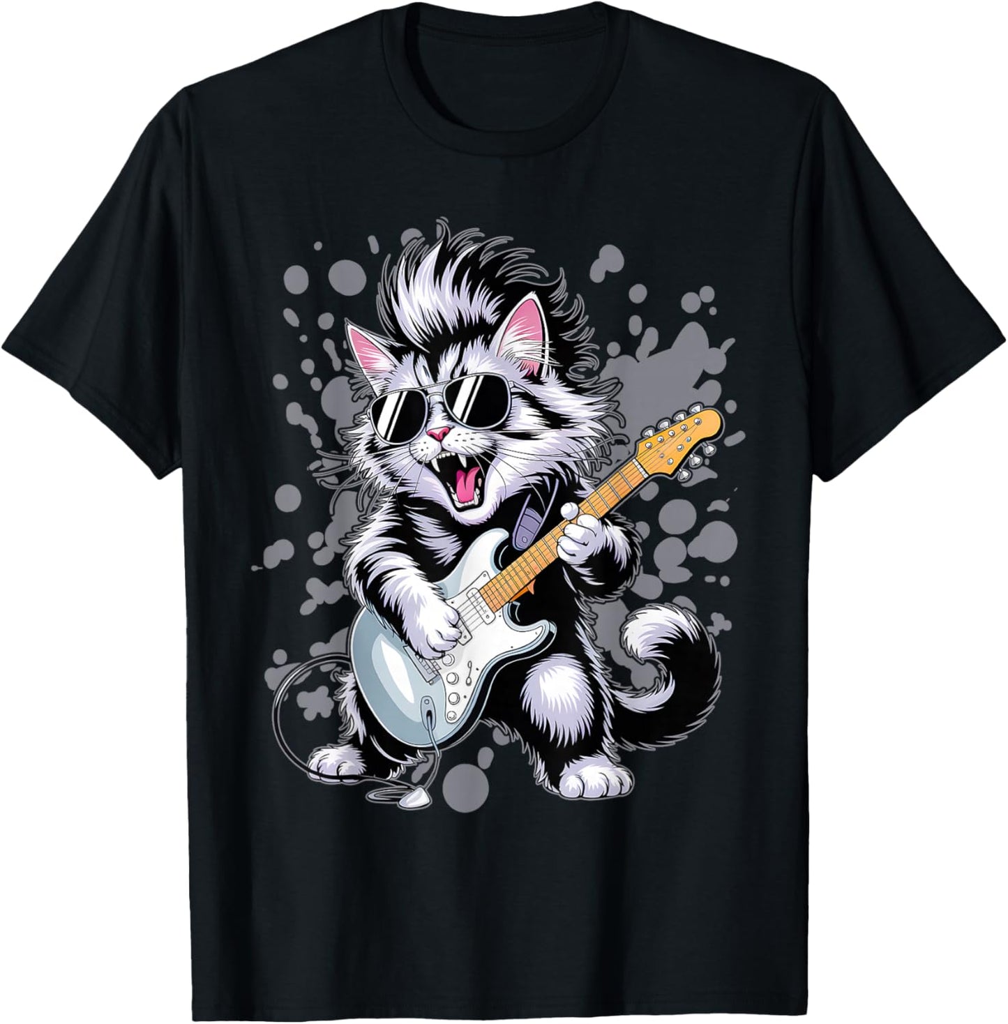 Rock Playing Animals Rocking Guitar Designs Cat Music T-Shirt - T-Shirt | Black