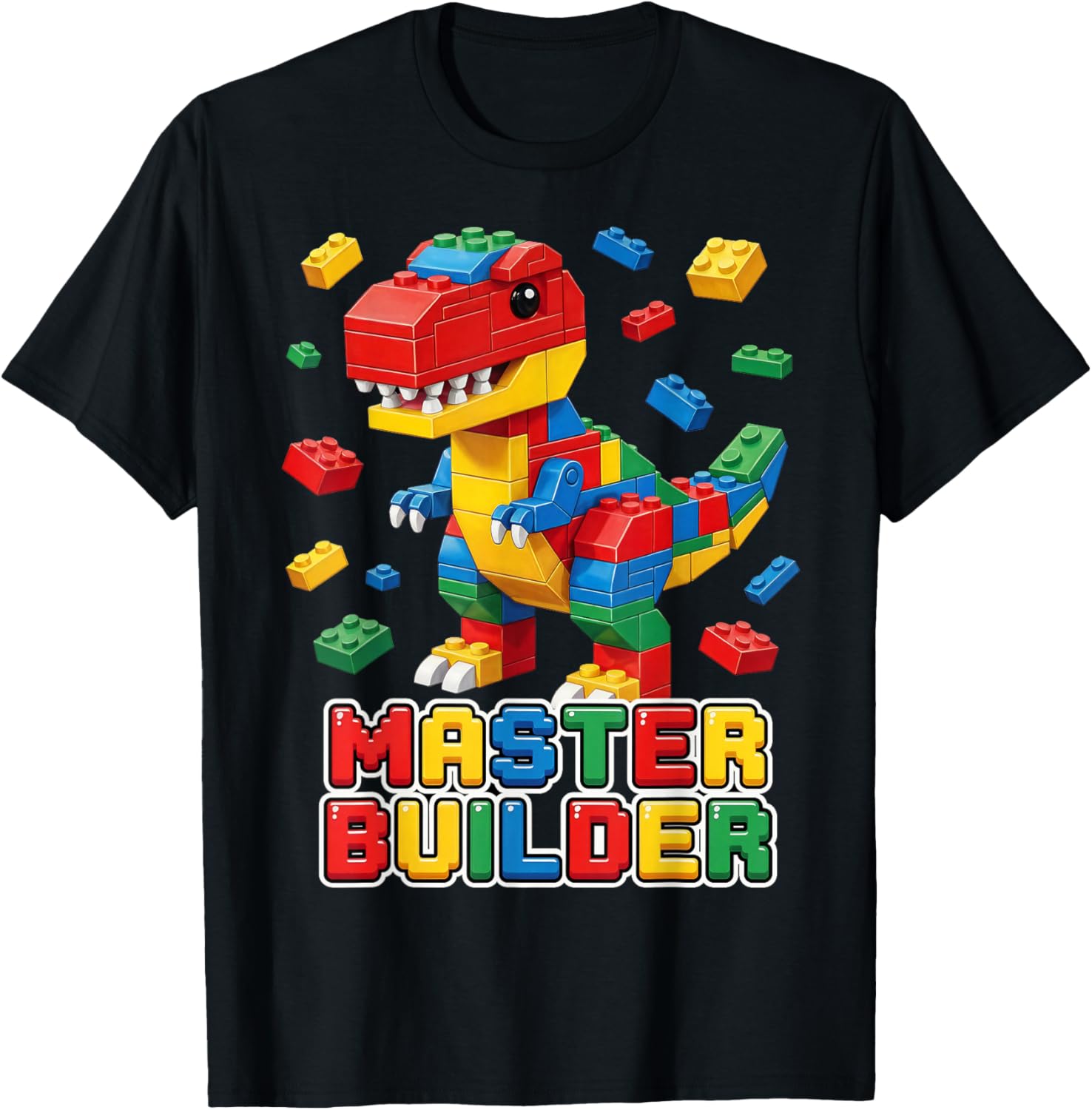 Trex Master Builder Kids Boys Building Bricks T Rex Dinosaur T-Shirt - T-Shirt | Black