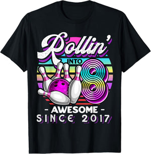 Bowling Party Rollin' 8 Awesome 2017 8th Birthday Girls T-Shirt - T-Shirt | Black