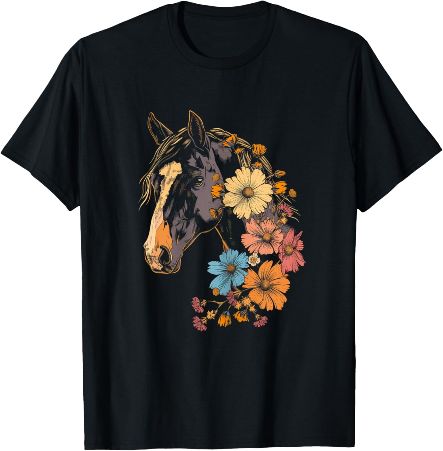Horse Flowers Horseback Riding Cowgirl Equestrian Horse T-Shirt - T-Shirt | Black
