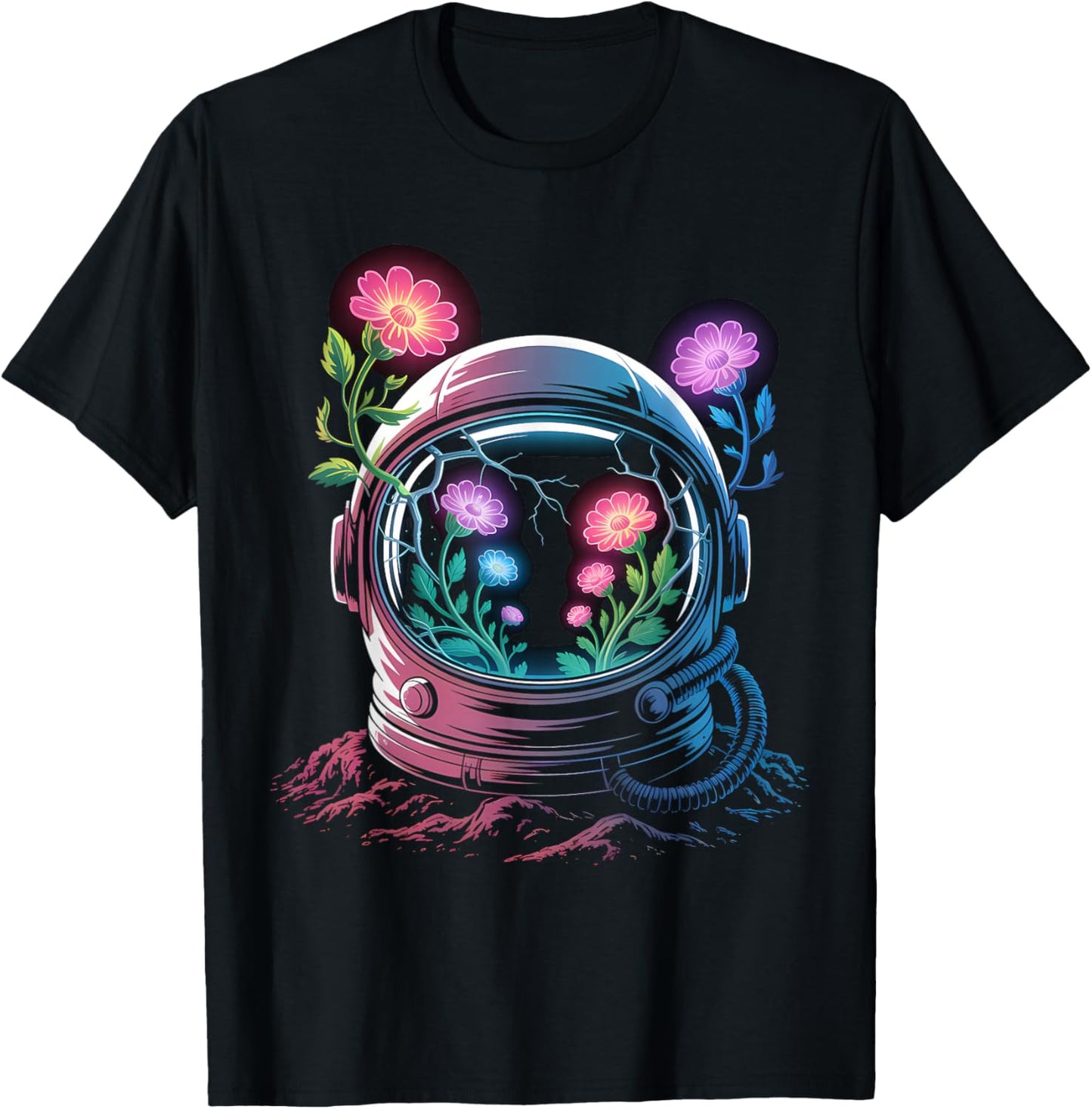 Astronaut Helmet Glowing Flowers Space Bloom Future Art T-Shirt - T-Shirt | Black