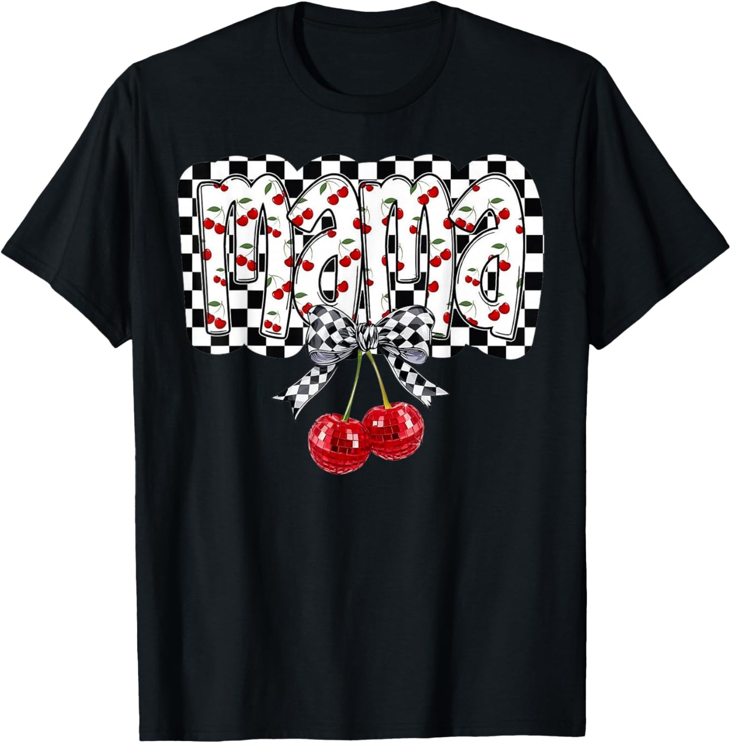 Cherry Bow Coquette Mama Checkered Retro Mother's Day T-Shirt - T-Shirt | Black