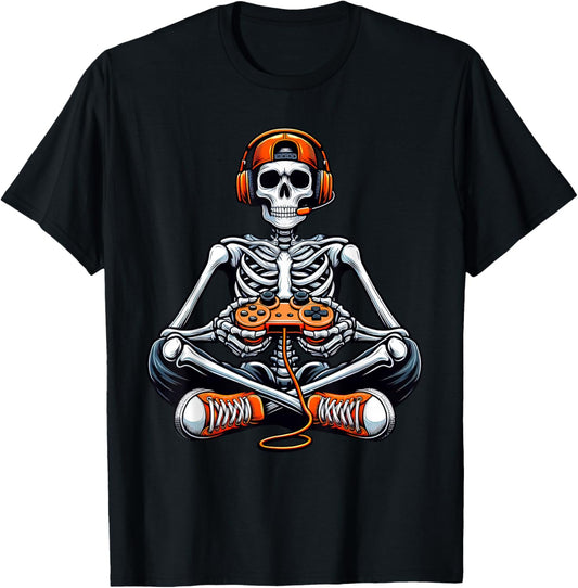 Skeleton Halloween Shirts Gamer Video Gaming Boys Men Kids T-Shirt - T-Shirt | Black