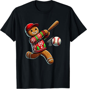 Baseball Christmas Gingerbread Man Baseball Ugly Christmas T-Shirt - T-Shirt | Black