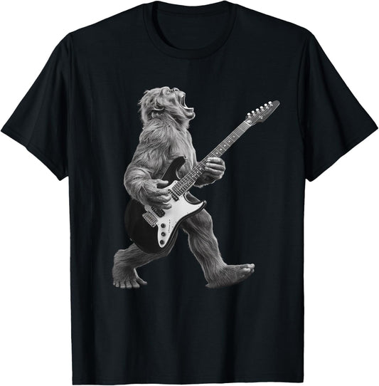 Bigfoot Playing Guitar Rock and Roll Gifts Women Kid T-Shirt - T-Shirt | Black