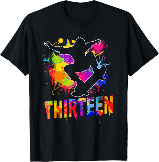 13 Year Old Skateboarder 13th Birthday Skateboard Theme T-Shirt - T-Shirt | Black