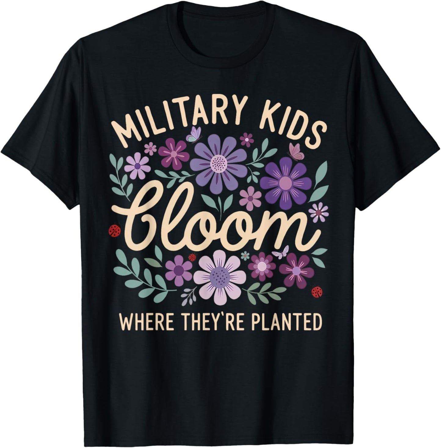 Military Kid Dandelion Bloom Where They're Planted Purple Up T-Shirt - T-Shirt | Black