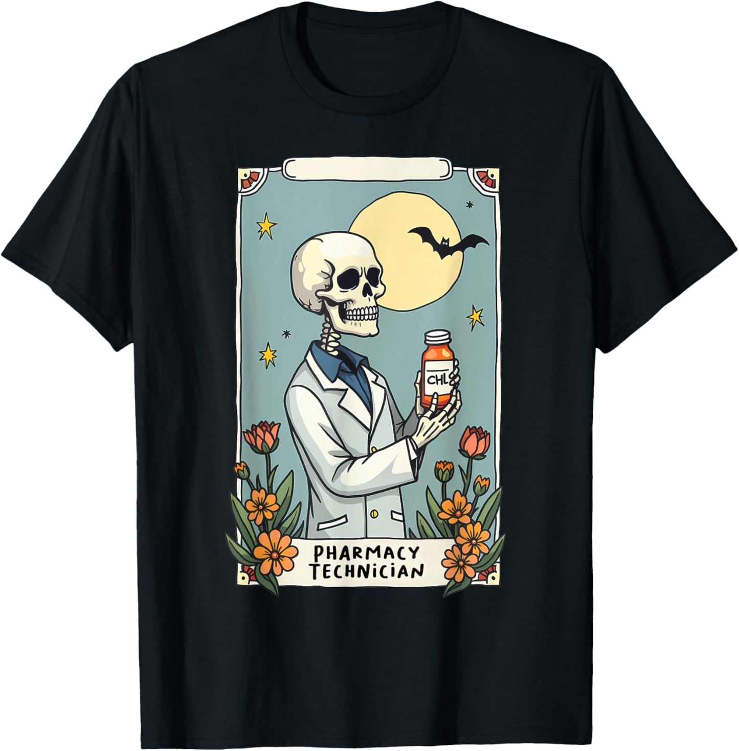 Floral Skeleton Skeleton Tarot Card Pharmacy Technician T-Shirt - T-Shirt | Black