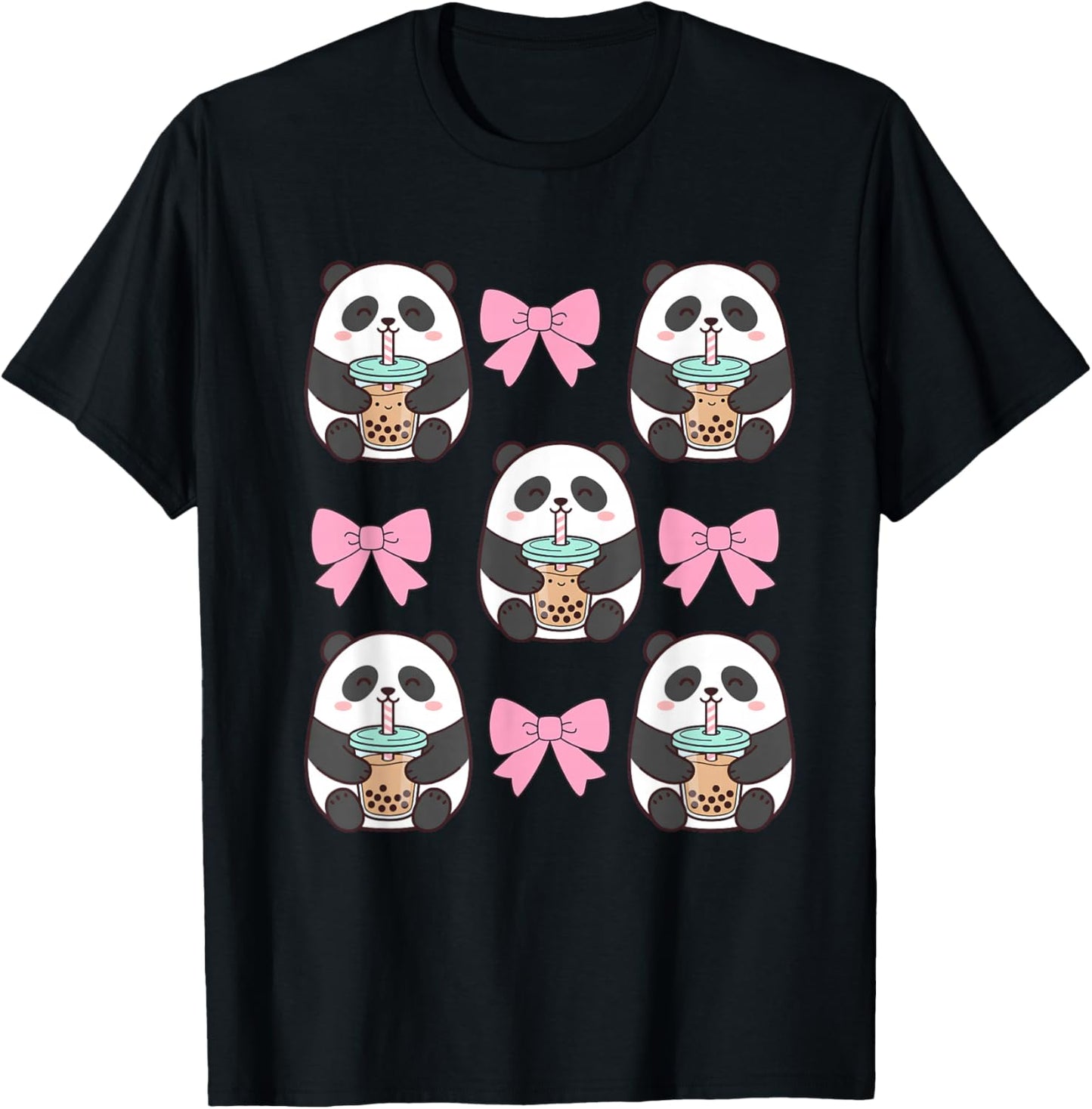 Cute Coquette Panda Pink Bows Drinking Boba Bubble Tea T-Shirt - T-Shirt | Black