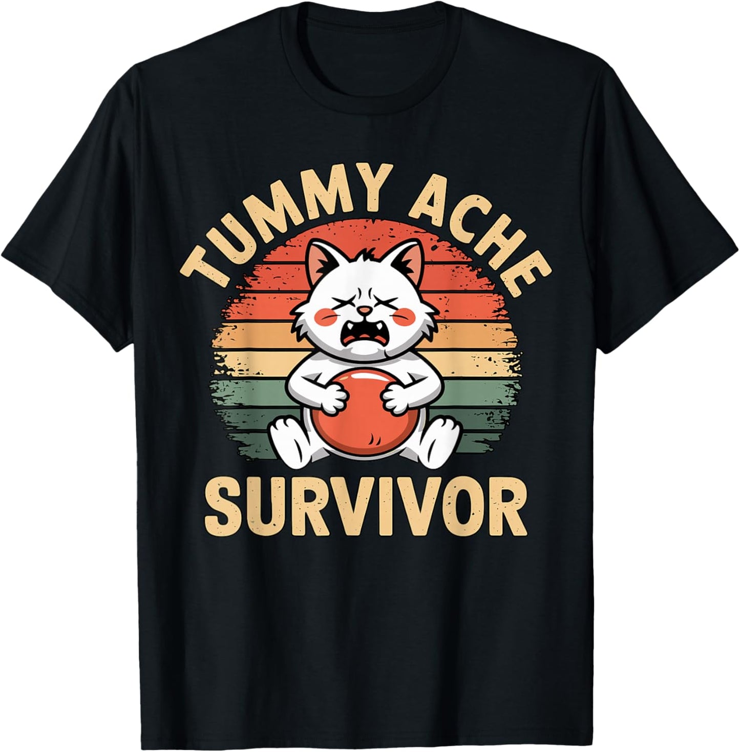 Tummy Ache Survivor Funny Cat Holding Belly Retro T-Shirt - T-Shirt | Black