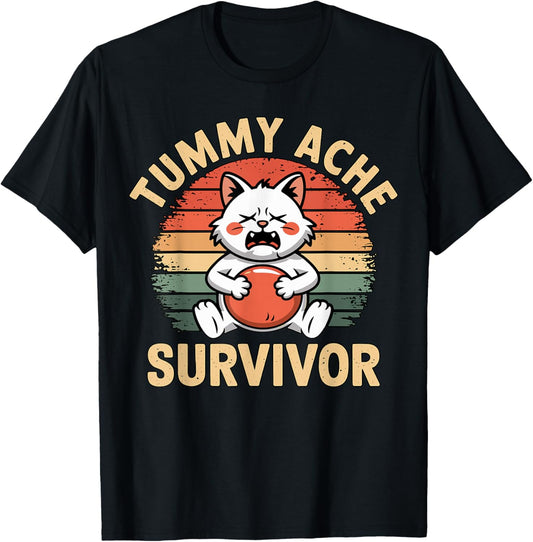 Tummy Ache Survivor Funny Cat Holding Belly Retro T-Shirt - T-Shirt | Black