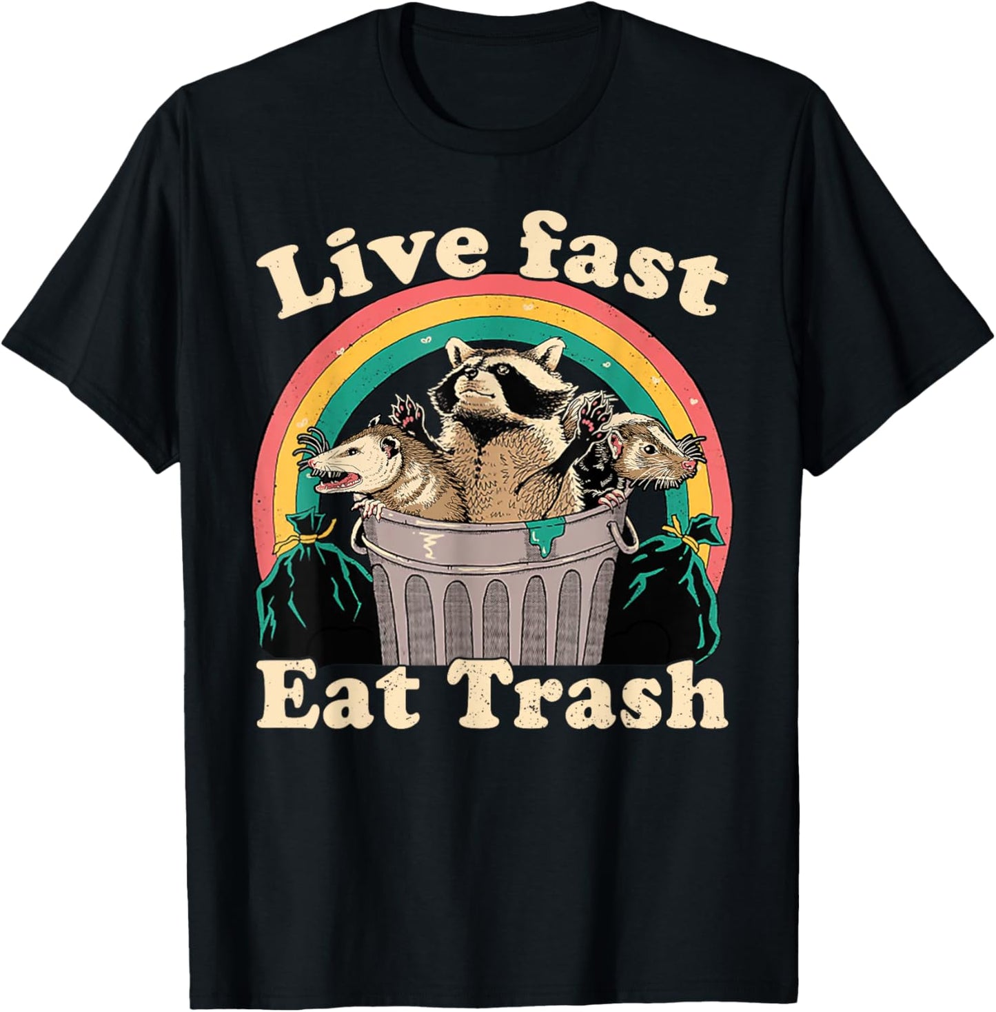 Opossum Raccoon Skunk Live Fast Eat Trash Street Cats Squad T-Shirt - T-Shirt | Black