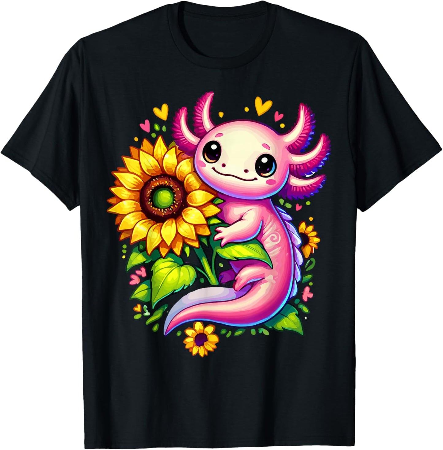 Colorful Axolotl Sunflower Kawaii T-Shirt - T-Shirt | Black