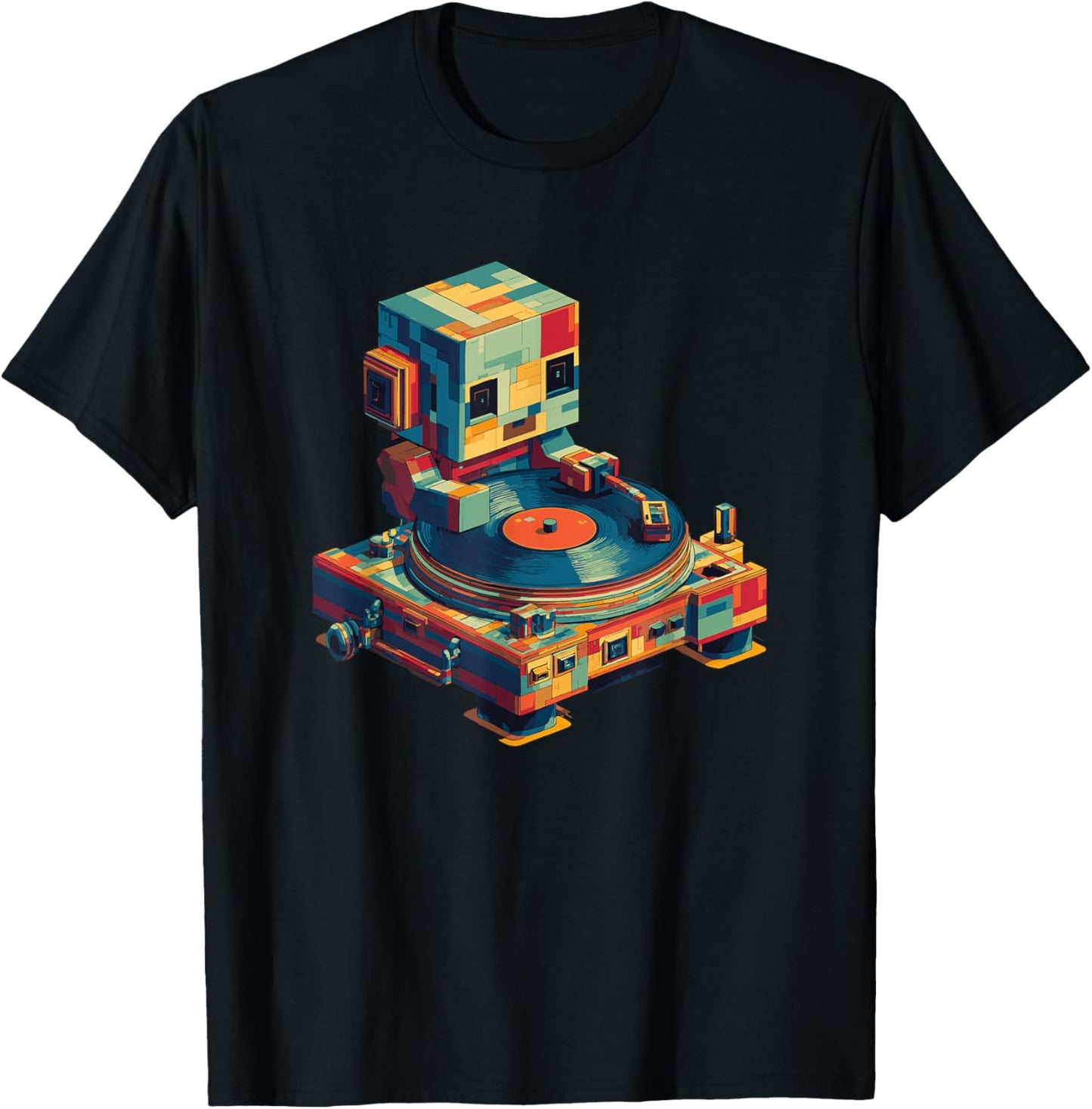 Cute DJ Robot with Retro Turntable T-Shirt - T-Shirt | Black