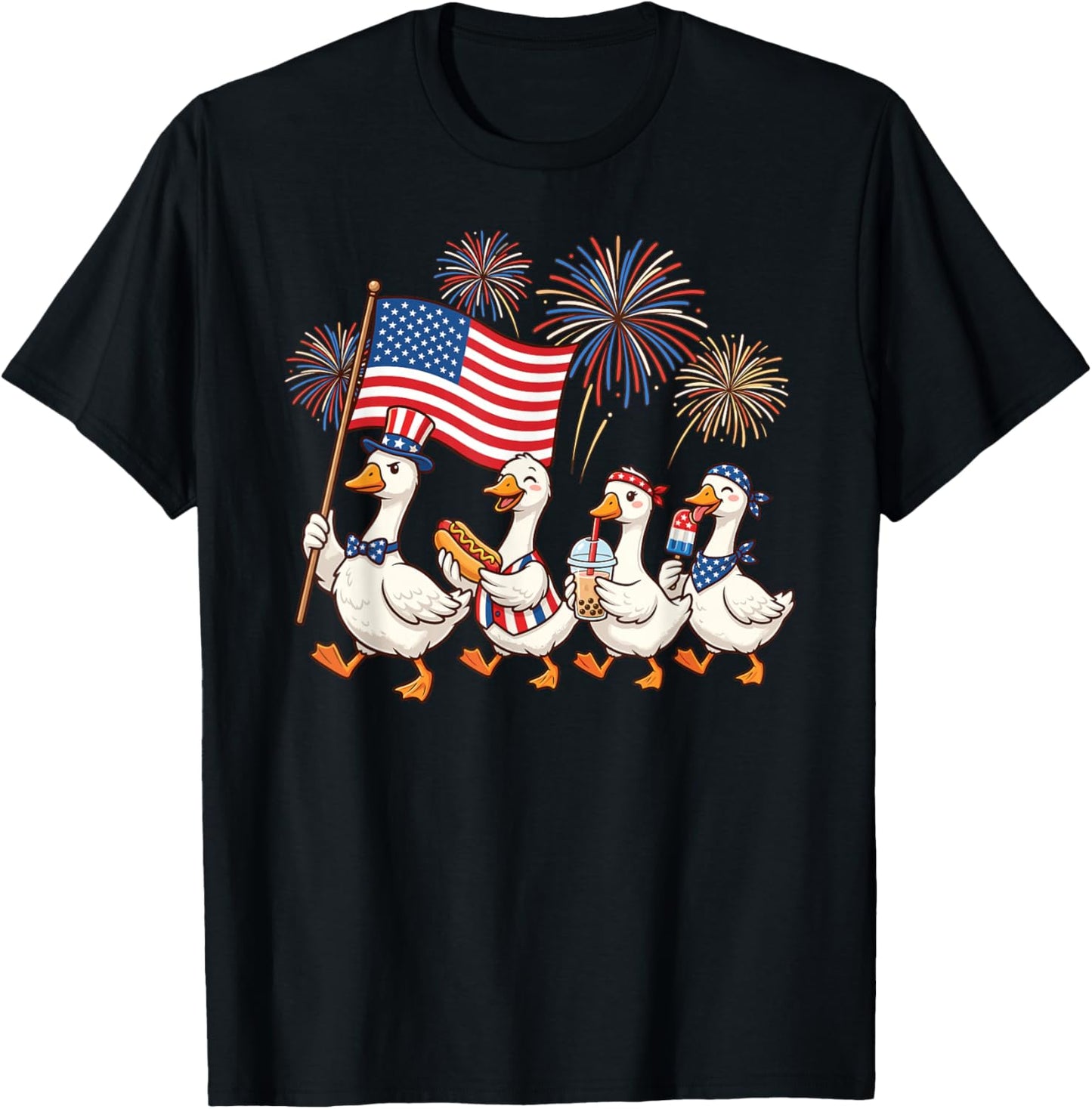 Funny Patriotic Goose Squad Celebrating 4th of July Cute T-Shirt - T-Shirt | Black