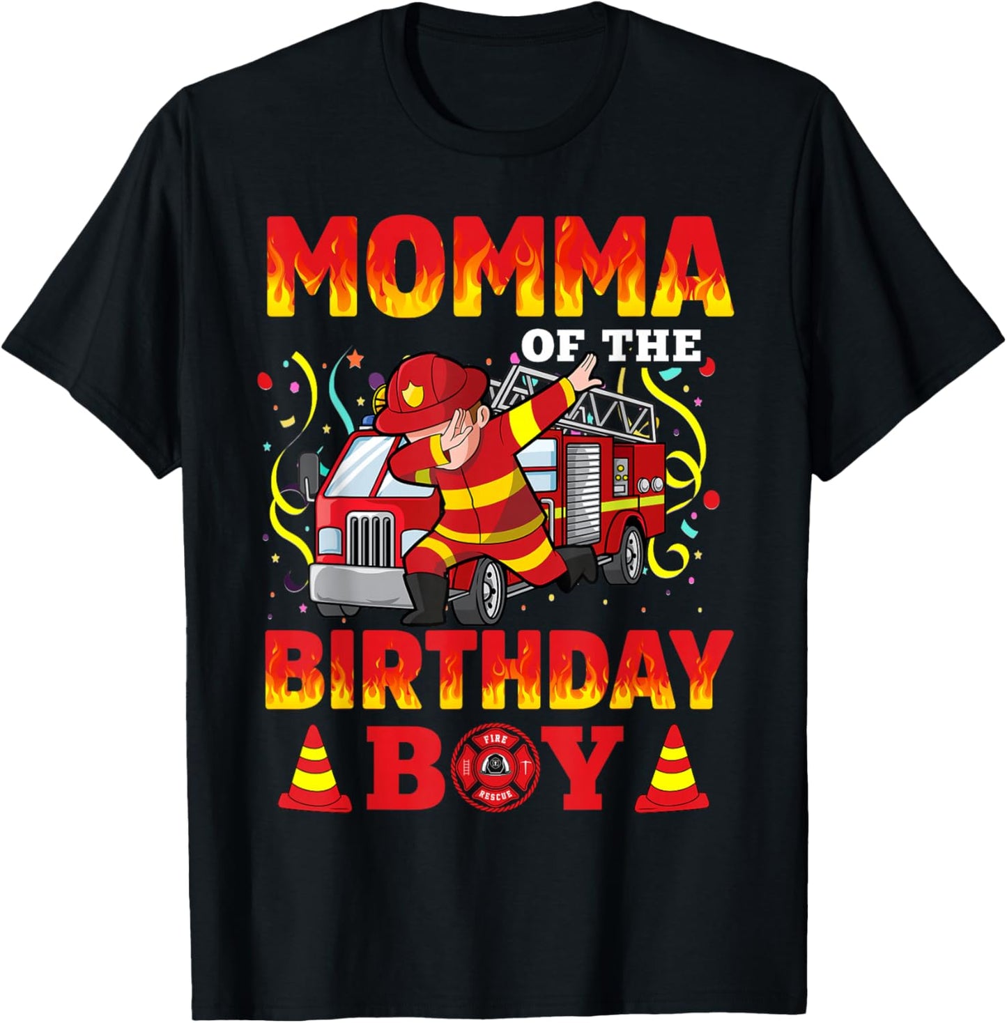 Momma Of The Birthday Boy Fire Truck Firefighter Boys T-Shirt - T-Shirt | Black