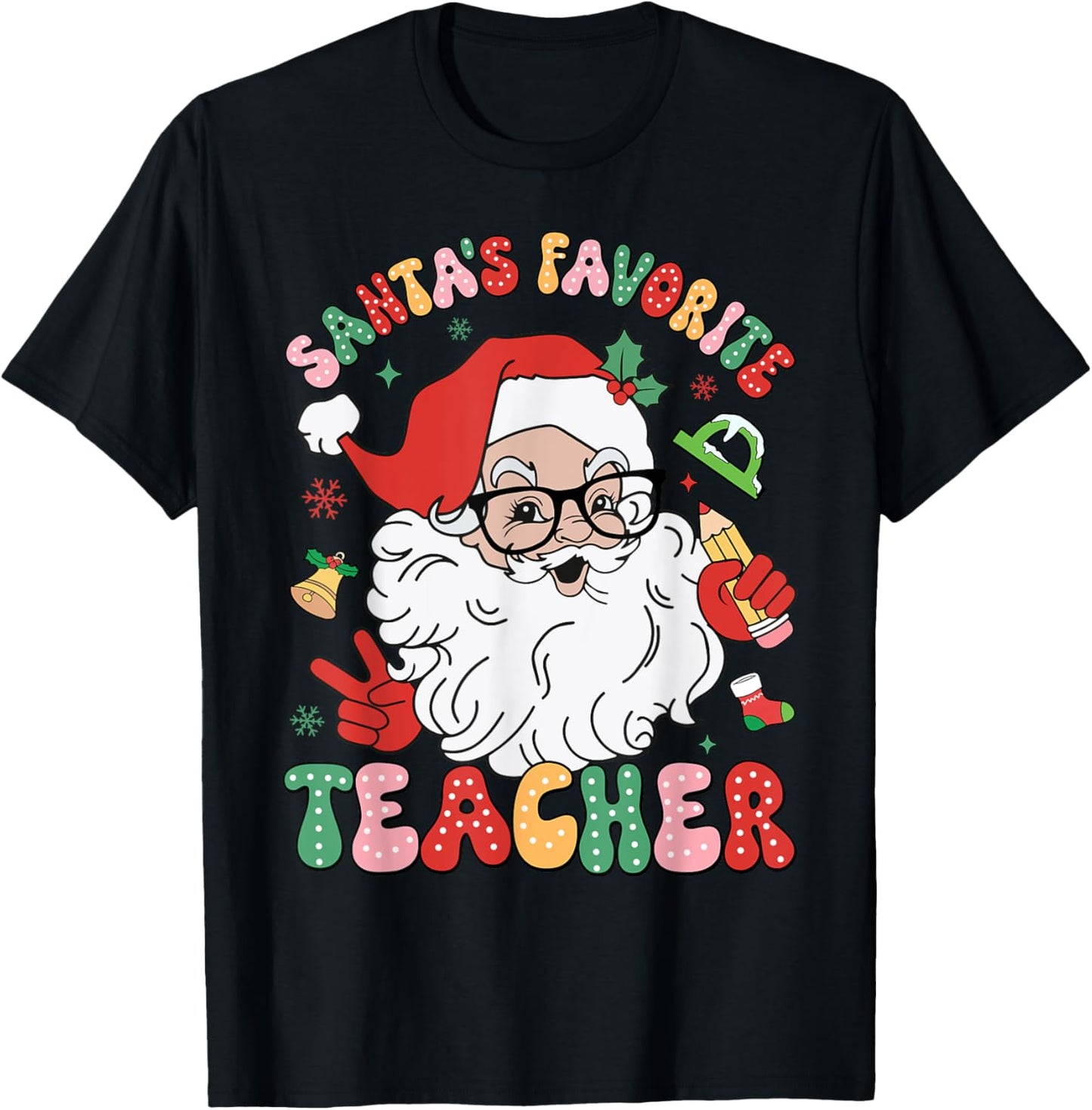 Santa Favorite Teacher Groovy Christmas Teacher Boys Girls T-Shirt - T-Shirt | Black