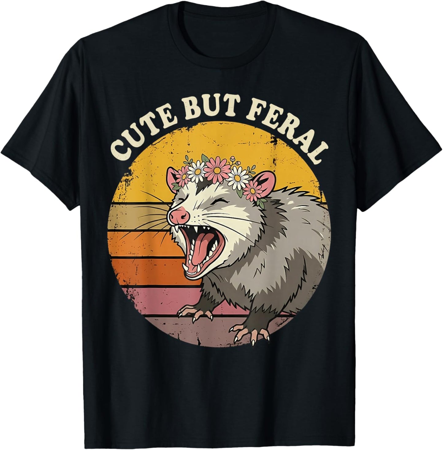 Cute But Feral Screaming Opossum Flower Crown T-Shirt - T-Shirt | Black