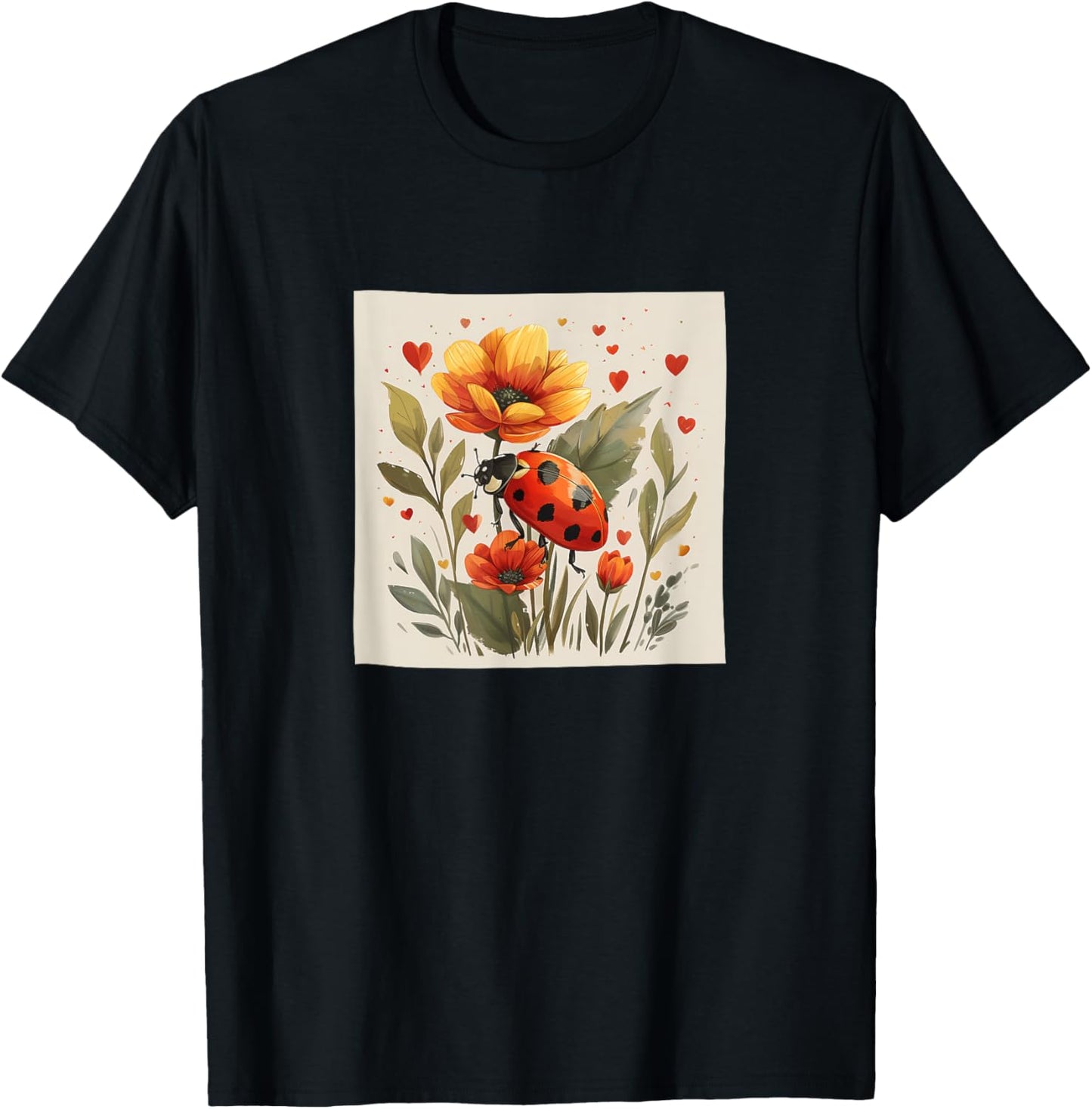 Ladybug Flowers With Hearts Around Boho Style Graphic T-Shirt - T-Shirt | Black