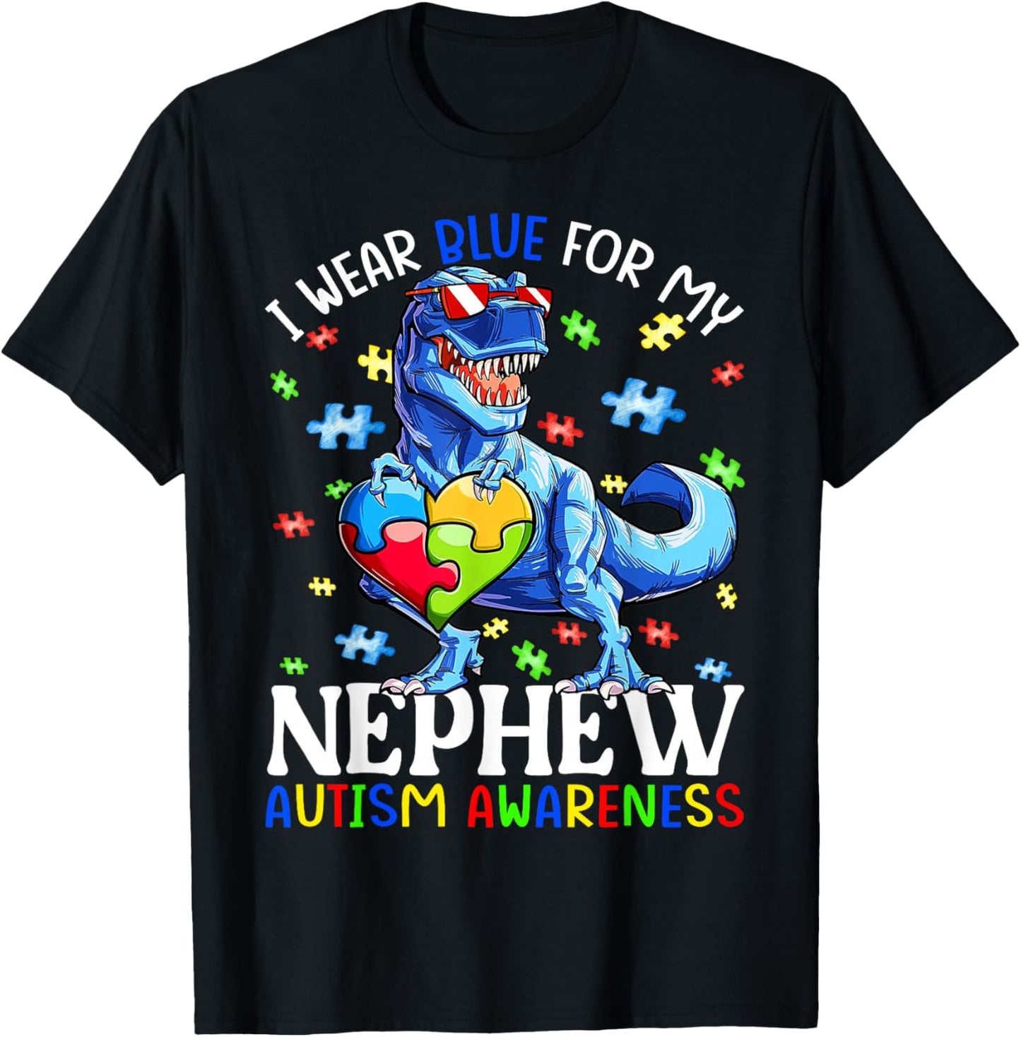 I Wear Blue For My Nephew Autism Awareness Dinosaur Boys T-Shirt - T-Shirt | Black