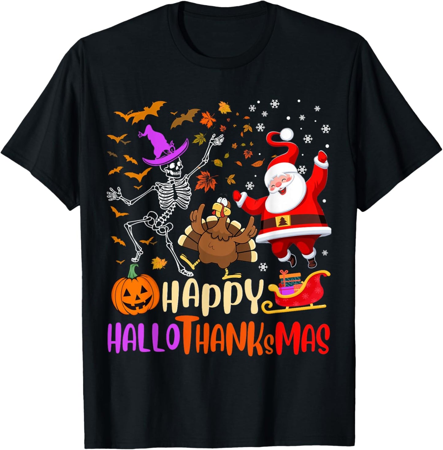 Happy Hallothanksmas Skeleton Pumpkin Turkey Santa Dancing T-Shirt - T-Shirt | Black