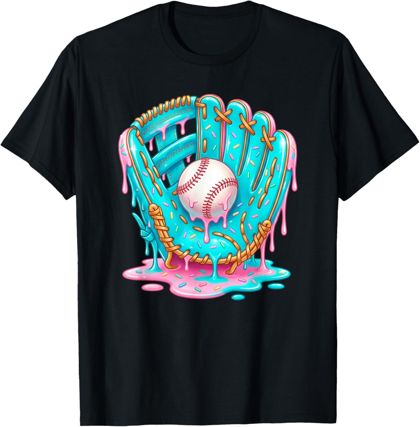 Baseball Drip Ice Cream Blue Glove Melt Ball Art T-Shirt - T-Shirt | Black