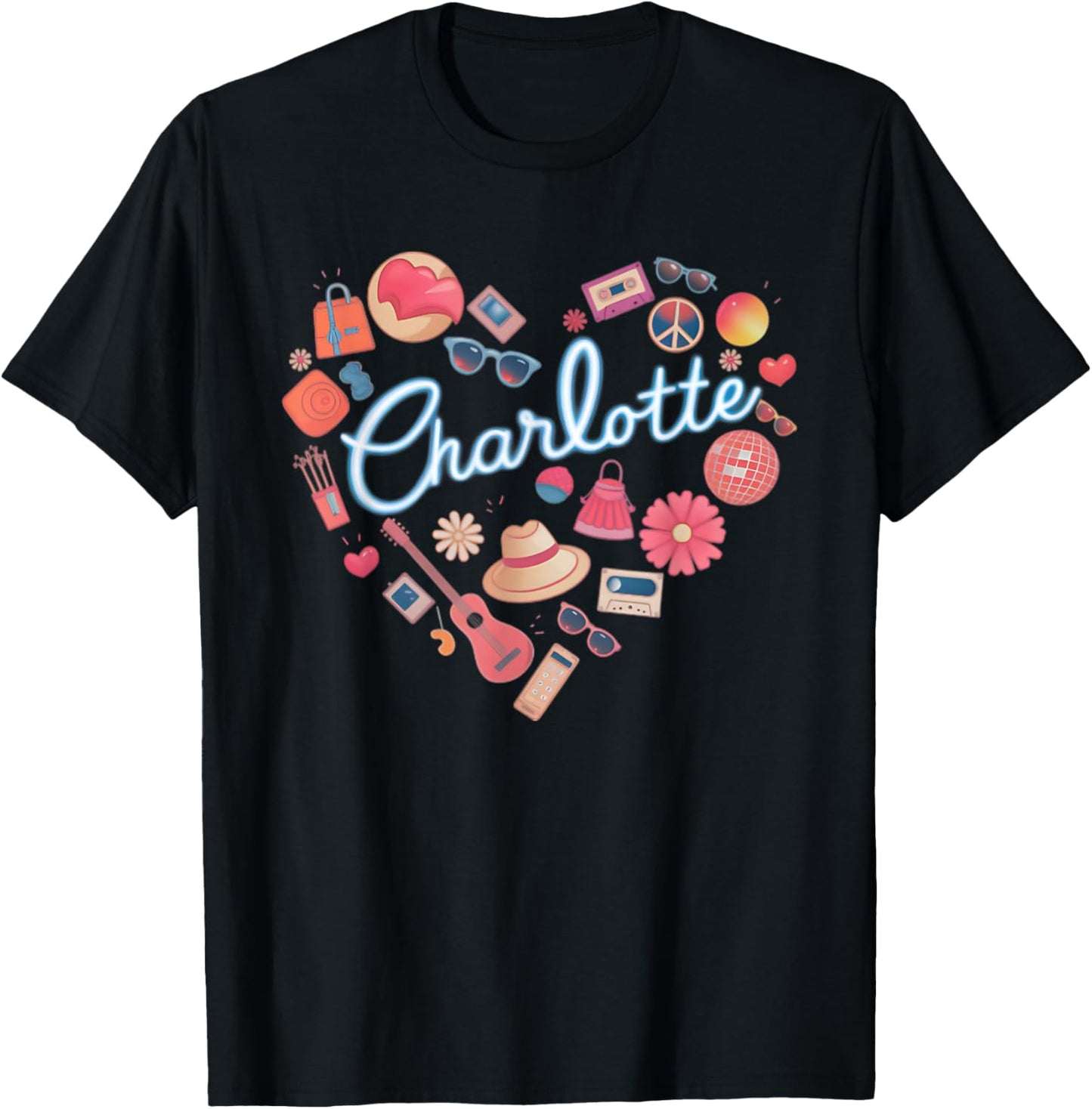 Girl Retro Charlotte First Name Personalized Heart T-Shirt - T-Shirt | Black