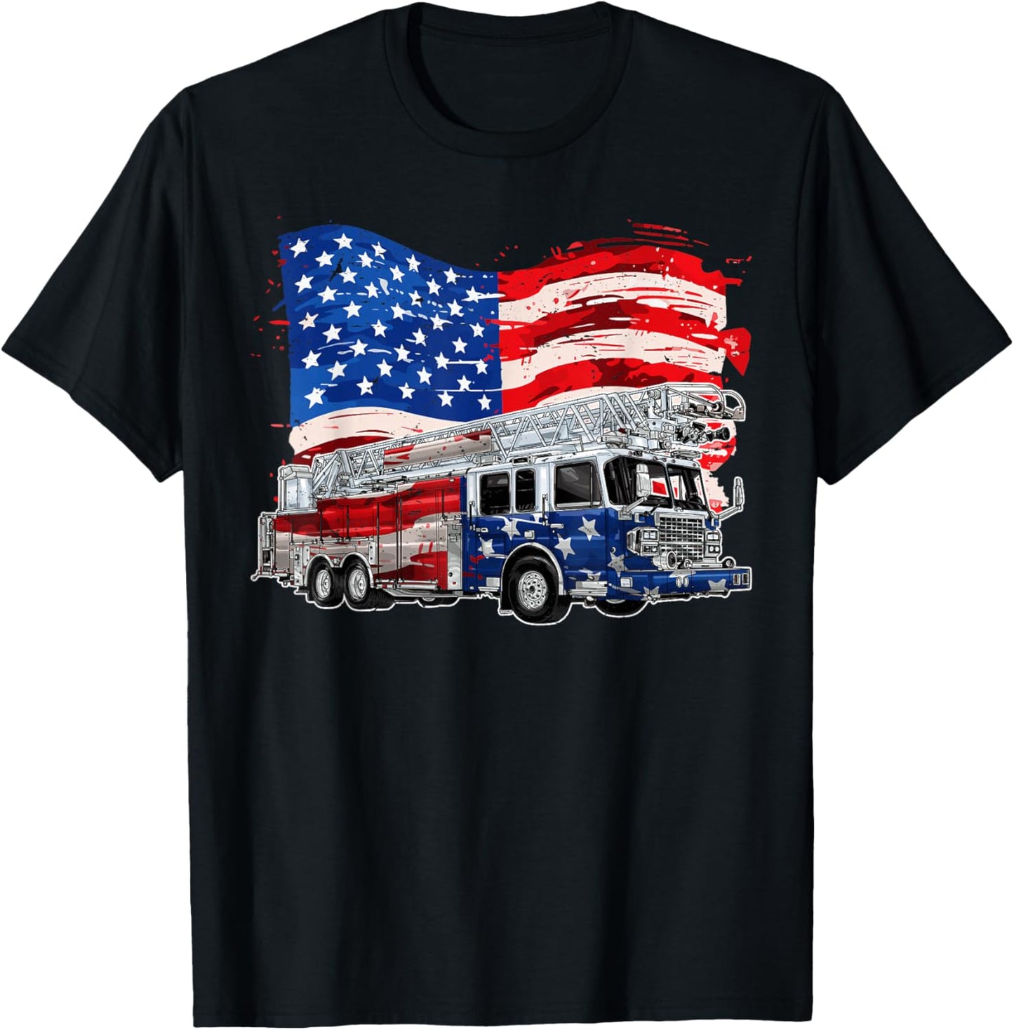 Retro Fire Truck Firefighter Fireman USA Flag 4th of July T-Shirt - T-Shirt | Black