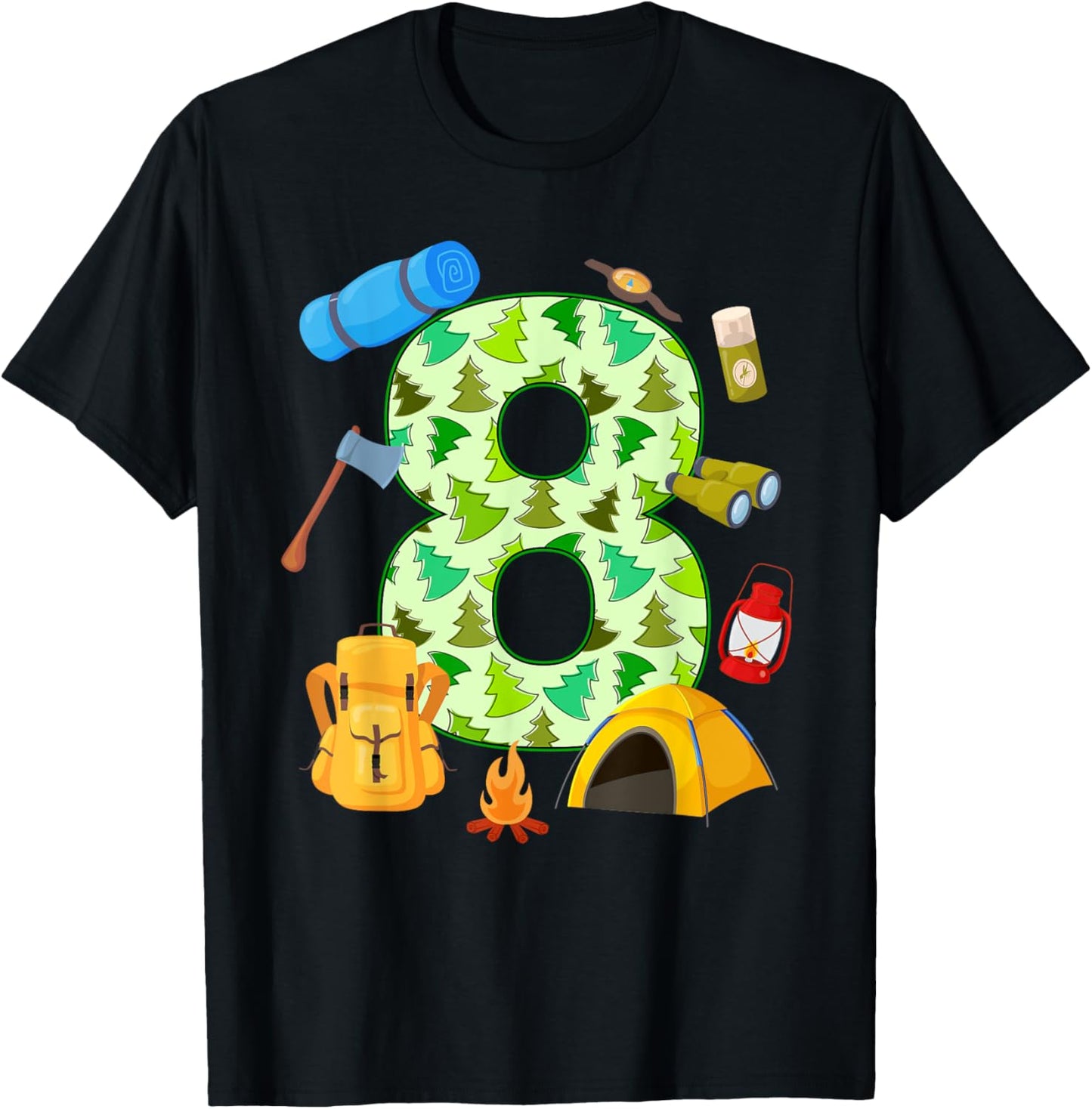 8th Birthday Camping Theme 8 Year Old Birthday Kids T-Shirt - T-Shirt | Black
