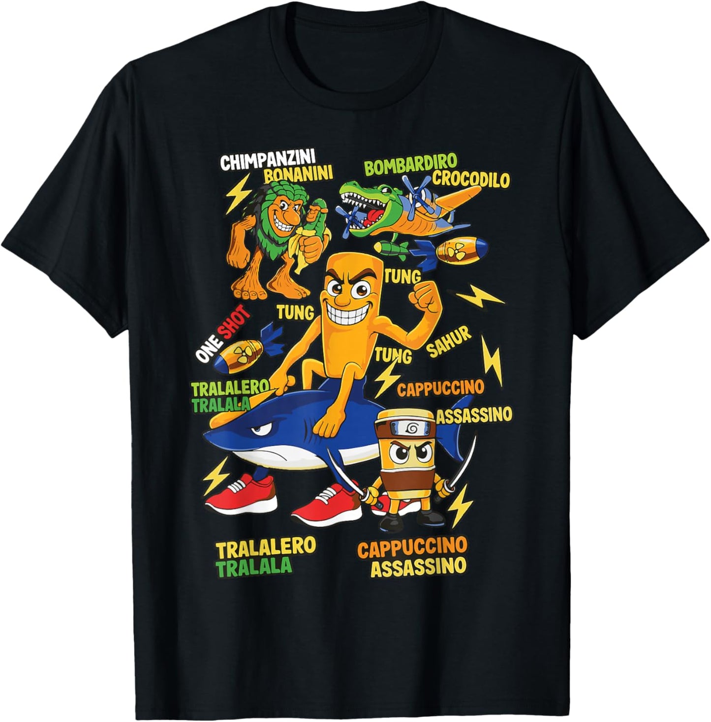 Funny Italian Brainrot Meme Characters Cartoon Art for Kids T-Shirt - T-Shirt | Black