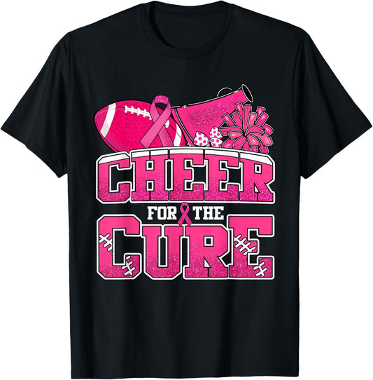 Cheer For The Cure Breast Cancer Sport Cheerleader Football T-Shirt - T-Shirt | Black