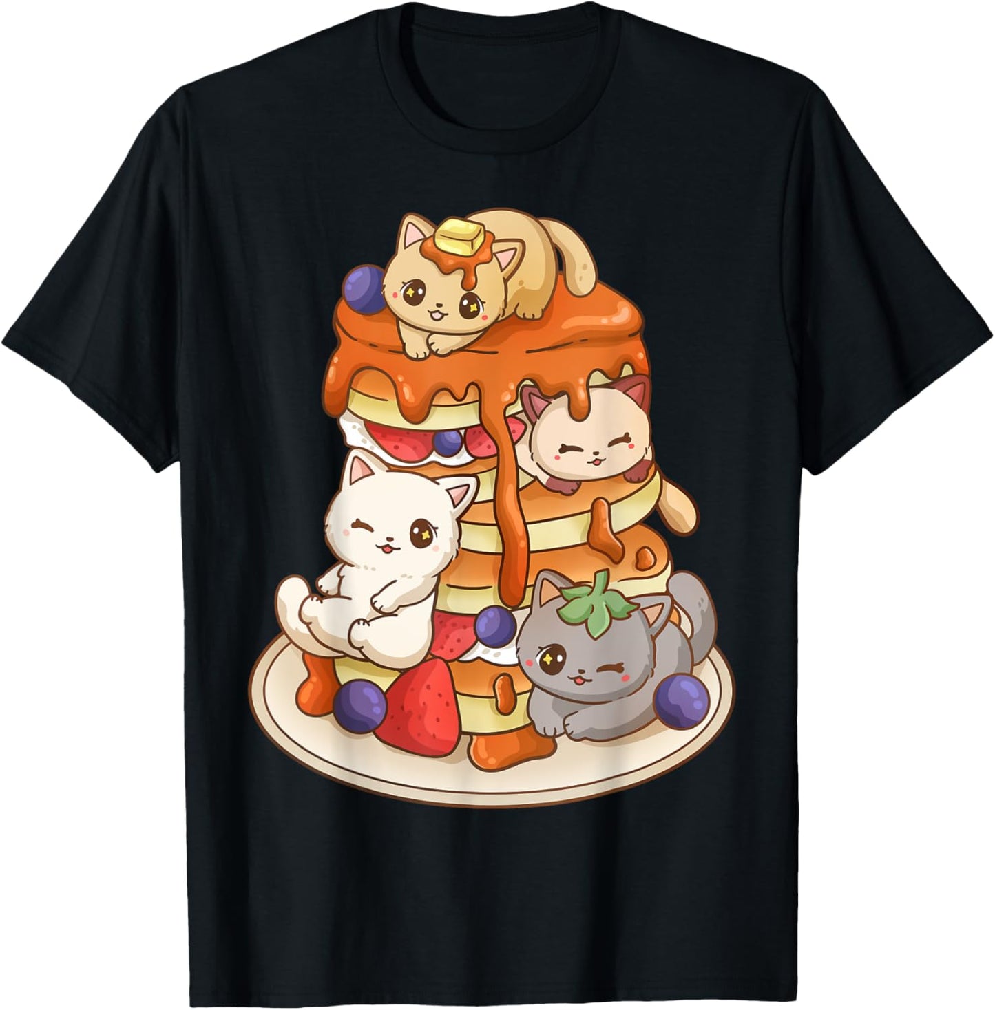 Cat Pancake Stack Kawaii Anime Cat Funny T-Shirt - T-Shirt | Black