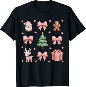 Coquette Bow Christmas Tree Santa Kawaii Women Girls Kids T-Shirt - T-Shirt | Black