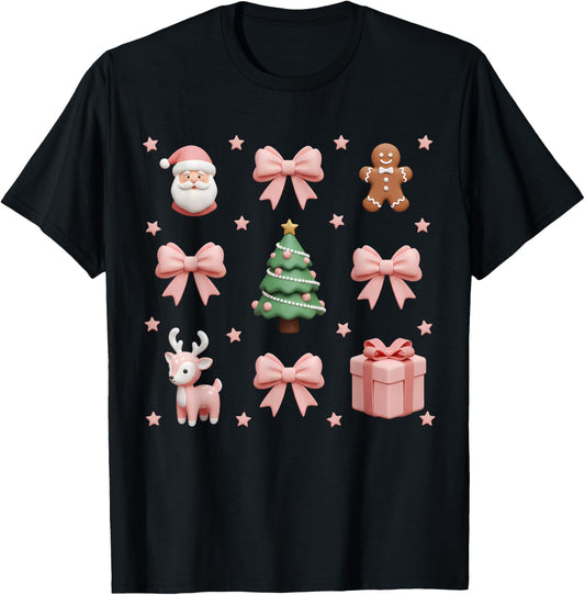 Coquette Bow Christmas Tree Santa Kawaii Women Girls Kids T-Shirt - T-Shirt | Black