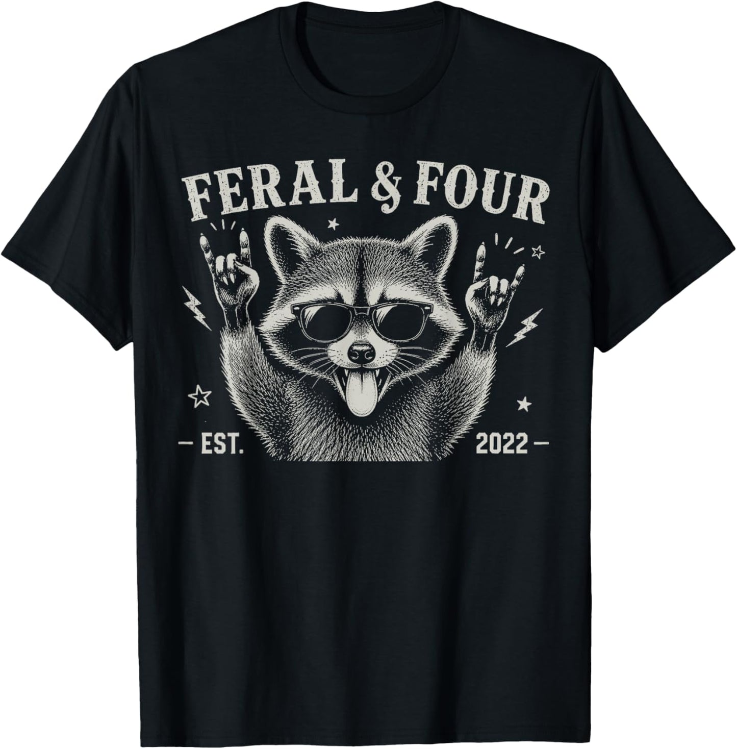 Funny Feral and Four Raccoon 4th Birthday Shirts Girls Boys T-Shirt - T-Shirt | Black