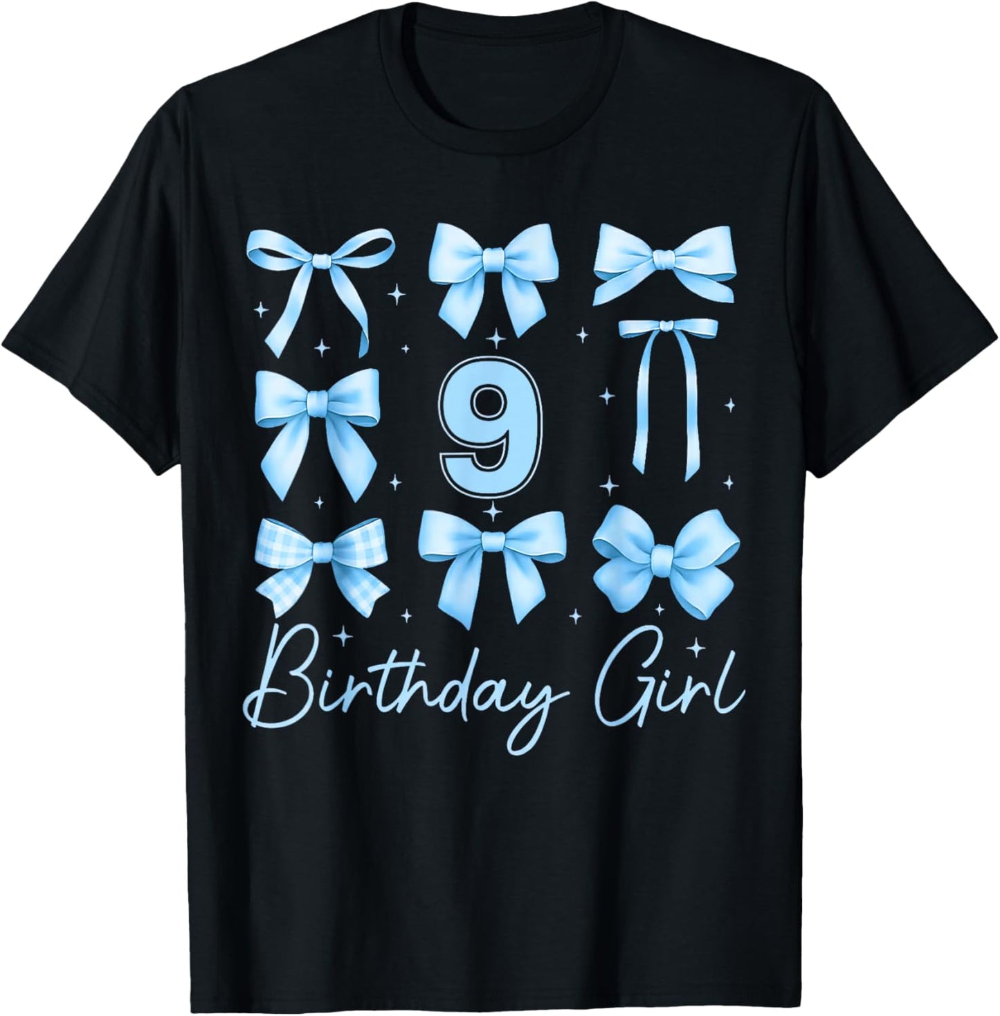 Cute 9th Birthday Girl Blue Coquette Bow 9 Year Old T-Shirt - T-Shirt | Black