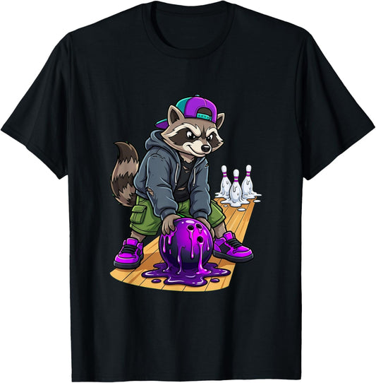 Funny Bowling Raccoon Shirt Melting Pins Bowler Trash Panda T-Shirt - T-Shirt | Black