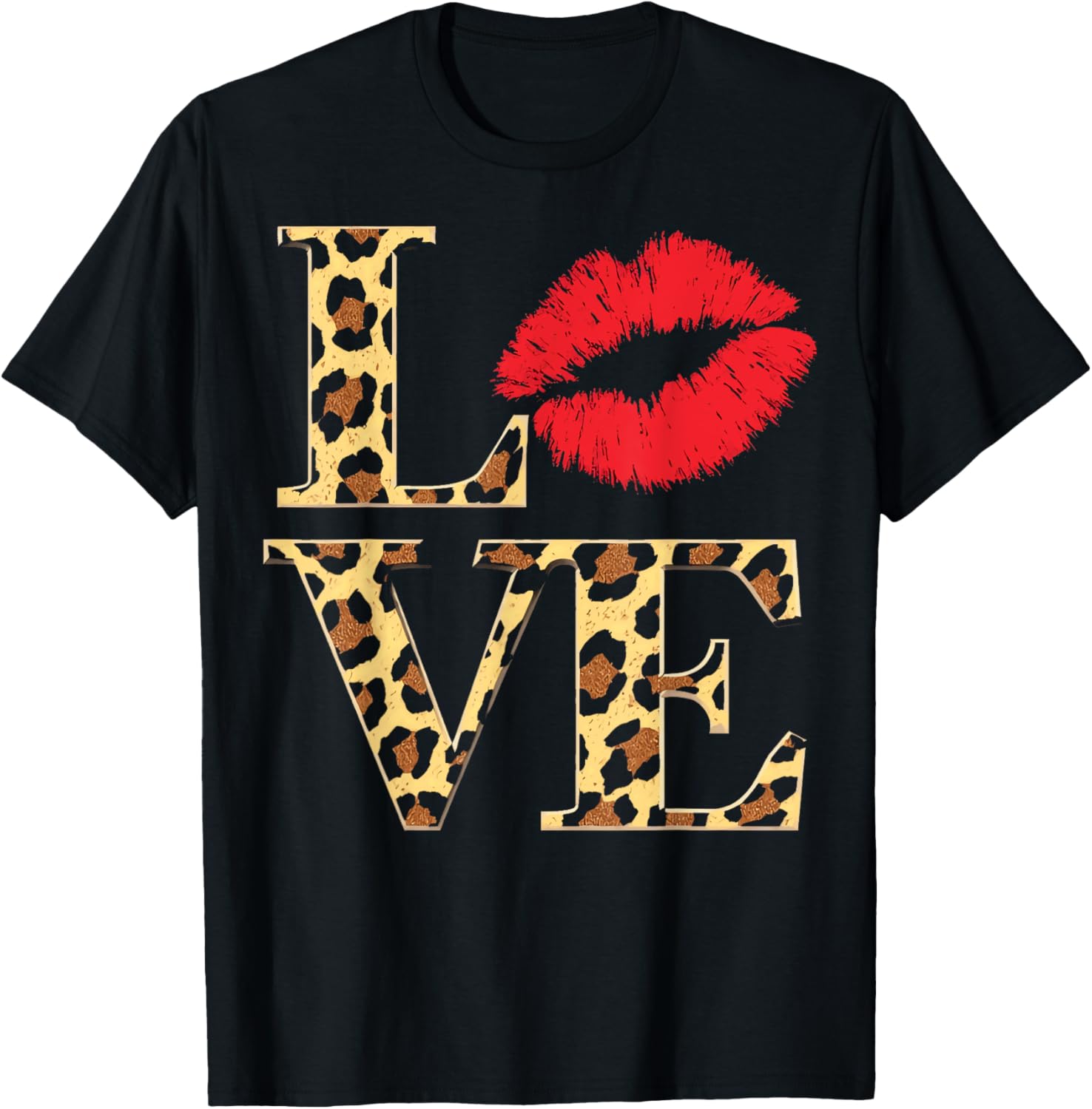 Love Leopard With Red Lip Valentine's Day T-Shirt - T-Shirt | Black