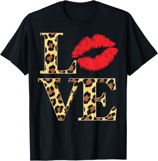 Love Leopard With Red Lip Valentine's Day T-Shirt - T-Shirt | Black
