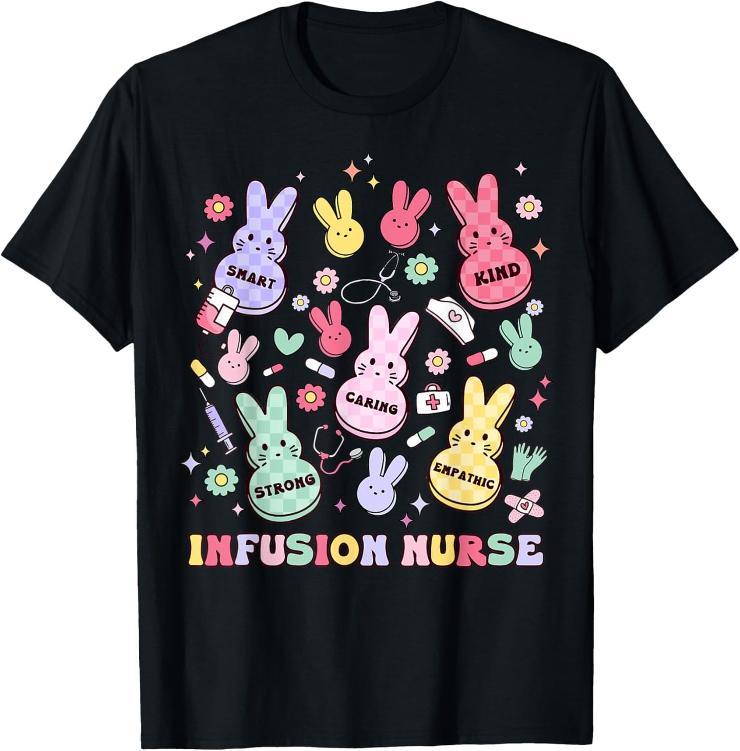 Easter Infusion Nurse Bunny Pediatric Chemo Hem Onc Retro T-Shirt - T-Shirt | Black