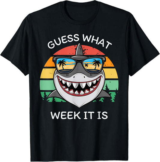 Retro Shark 2025 Week Guess What Week It Is Shark Lover Crew T-Shirt - T-Shirt | Black
