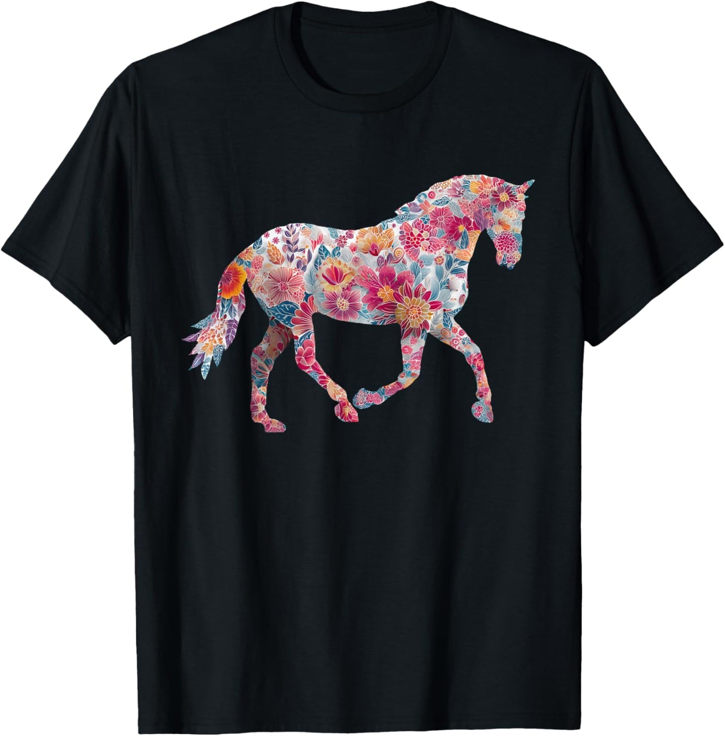 Horse Flower Equestrian Riding Floral Pattern Graphic T-Shirt - T-Shirt | Black