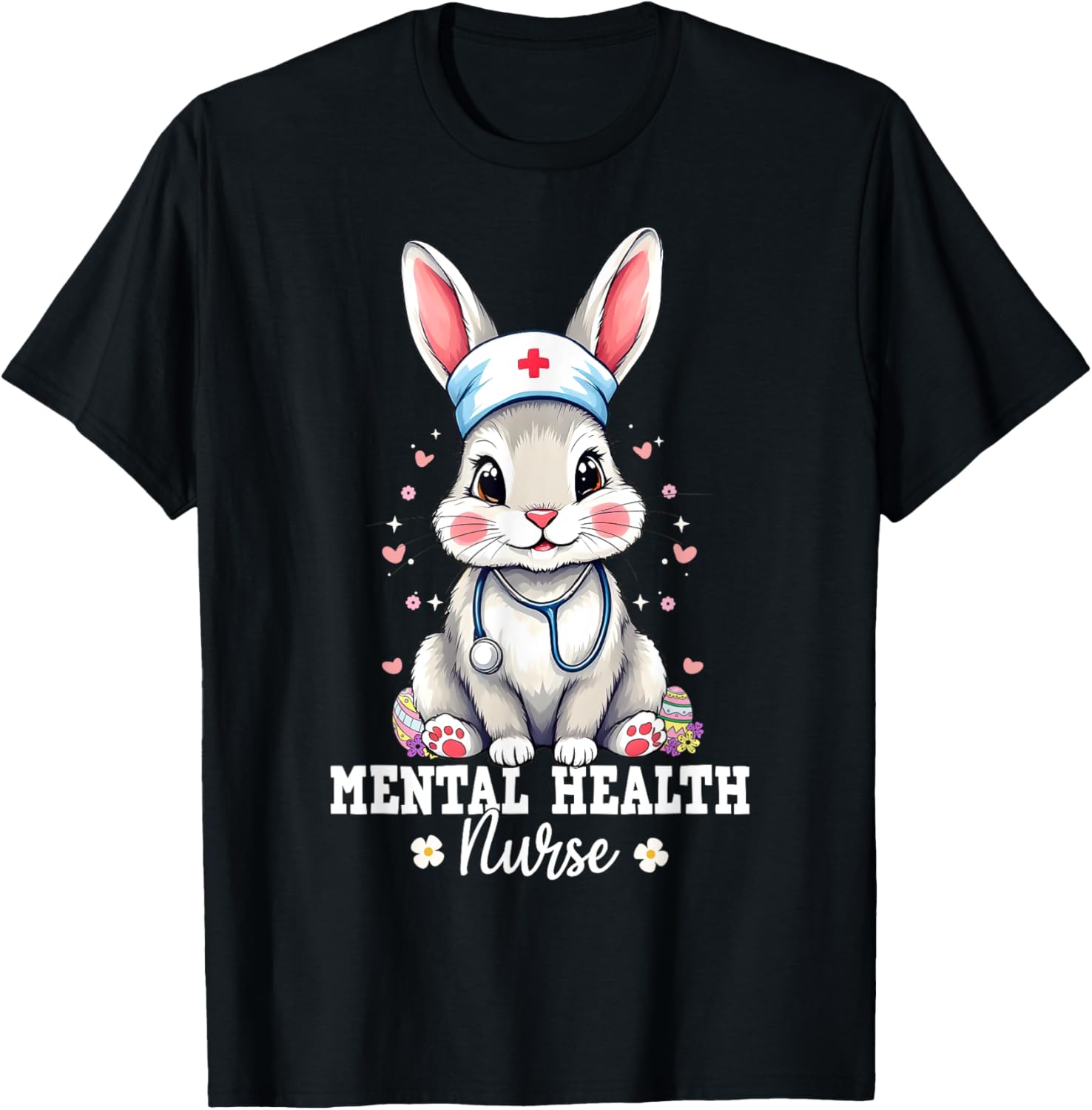 Mental Health Nurse Bunny With Stethoscope Easter Nurse T-Shirt - T-Shirt | Black