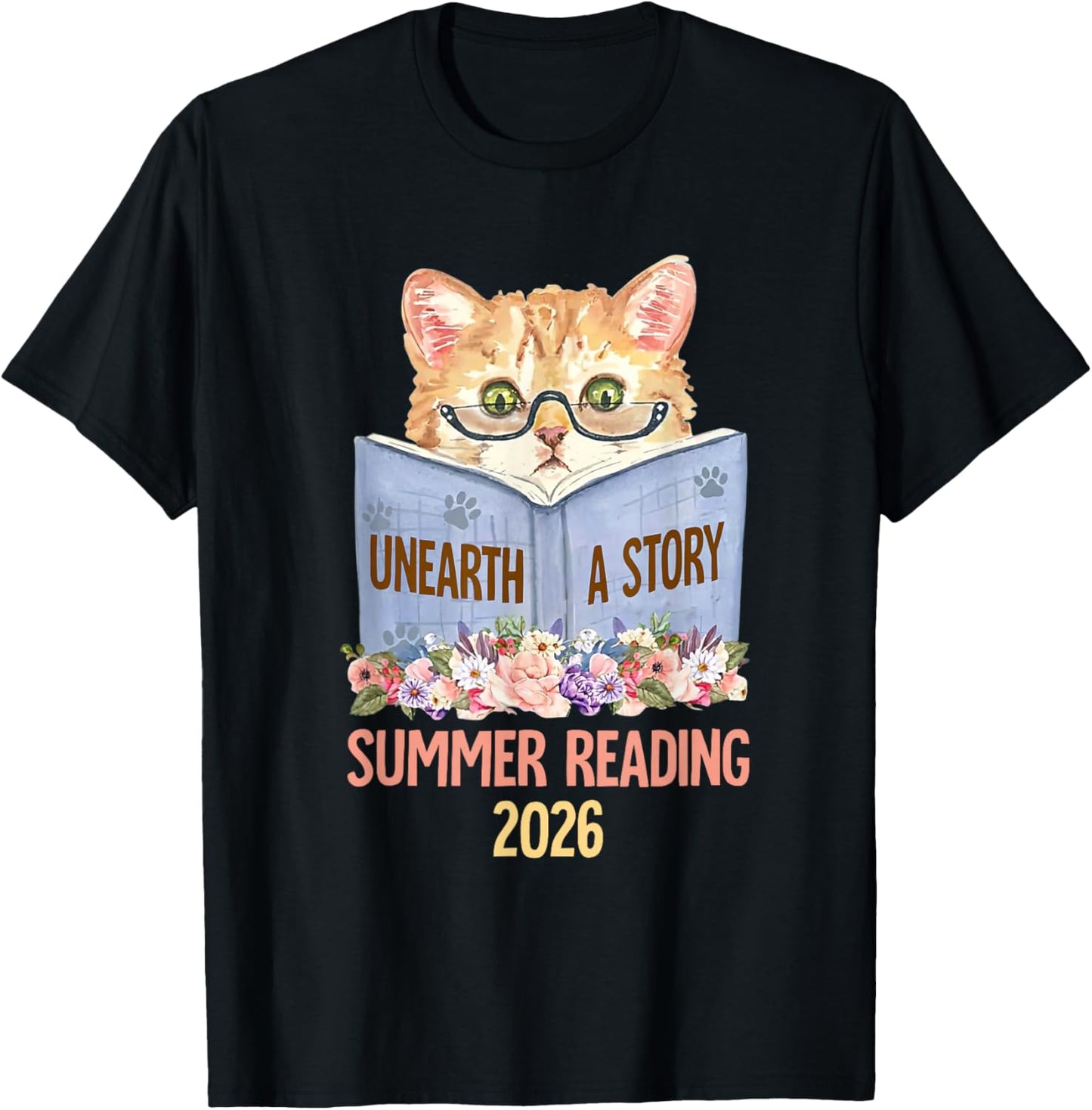 Bookish Cat Lady Summer Reading 2026 Unearth a Story T-Shirt - T-Shirt | Black