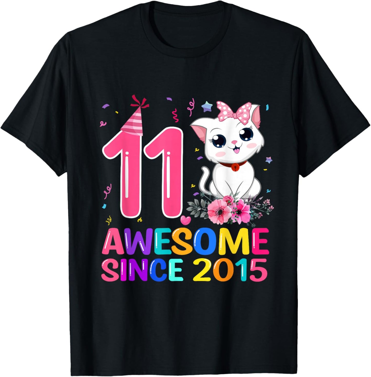 Awesome Since 2015 11th Cat Theme Birthday Girl Party T-Shirt - T-Shirt | Black