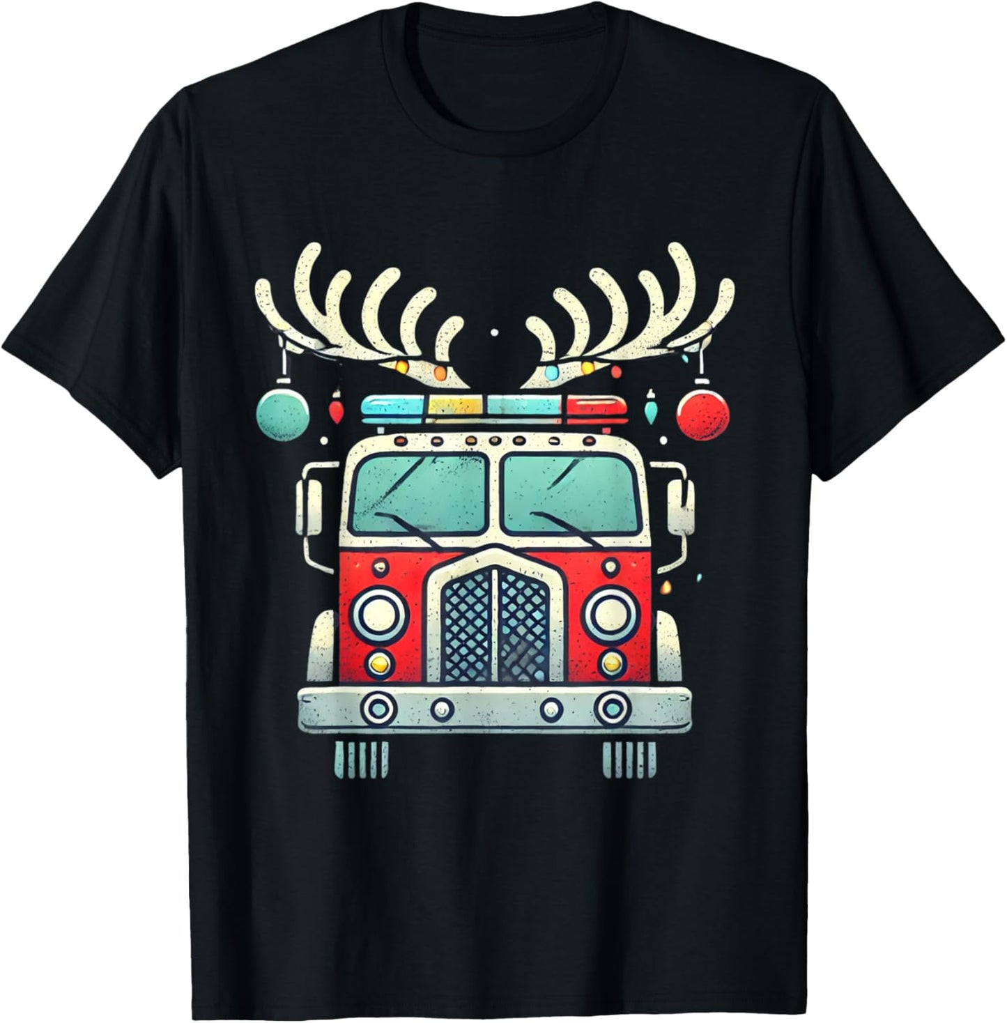 Funny Xmas Fire Truck Reindeer Christmas Firefighter T-Shirt - T-Shirt | Black