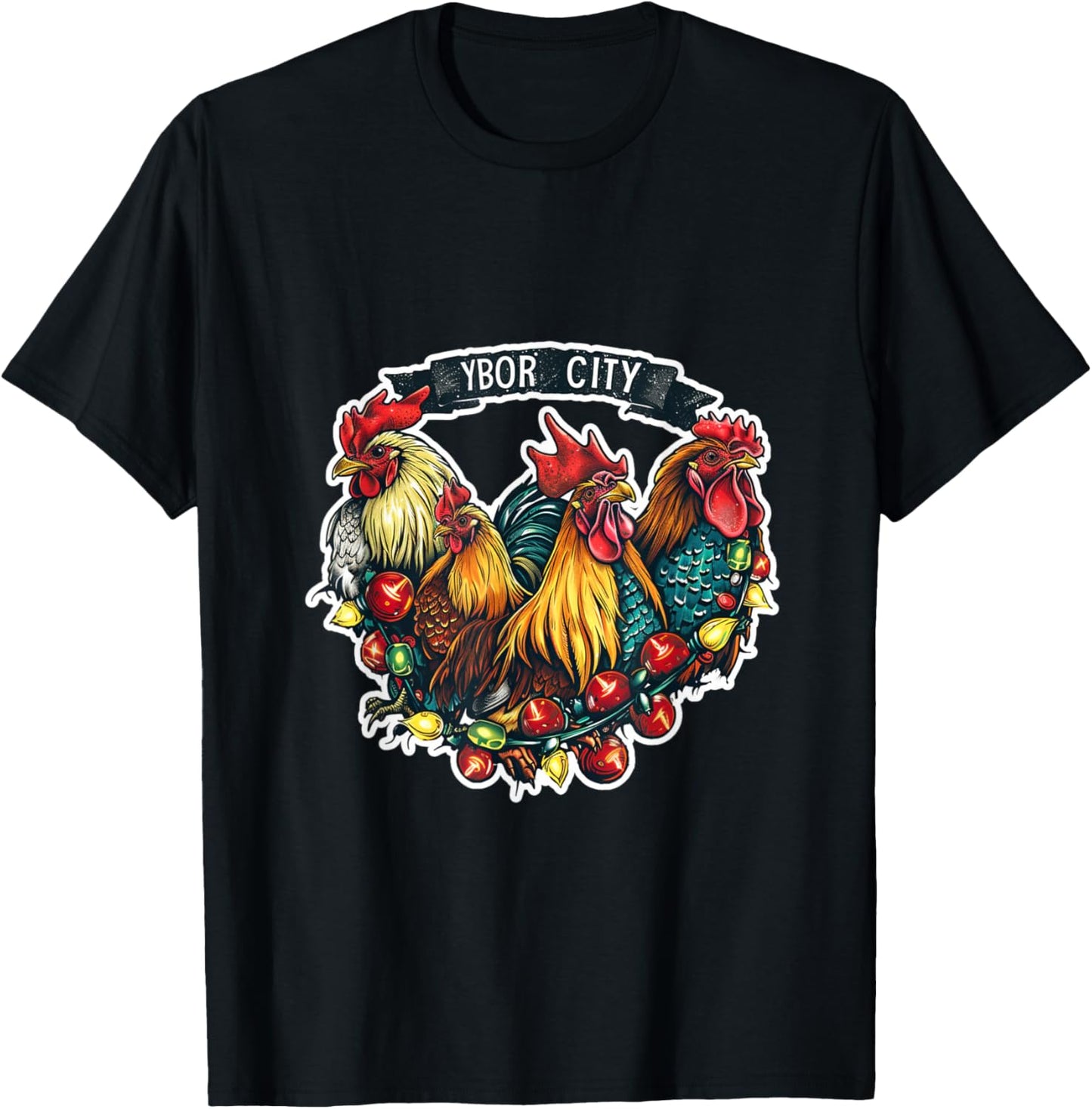 Ybor City Tampa Florida Chickens Roosters Christmas Lights T-Shirt - T-Shirt | Black