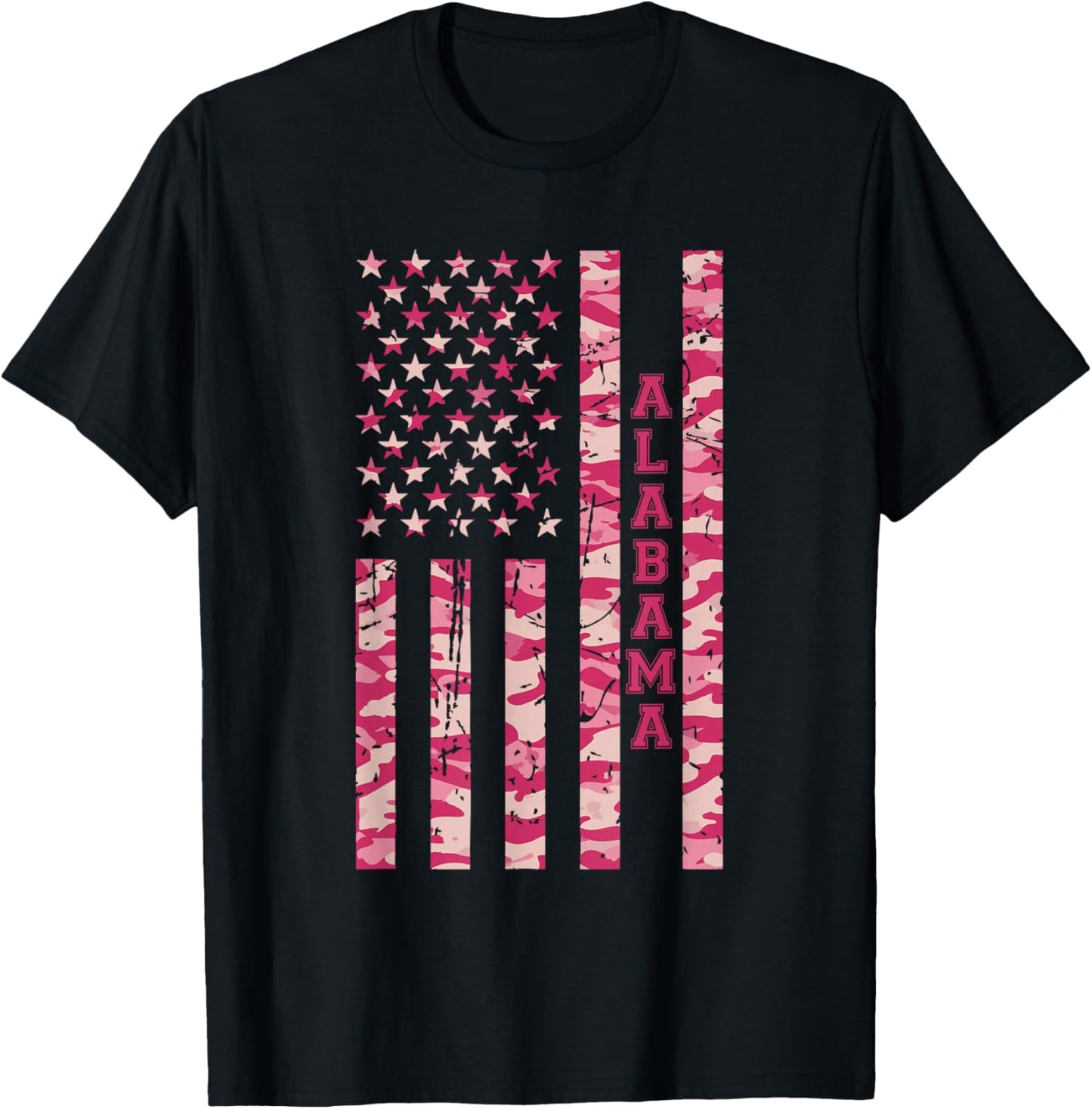 Alabama Southeastern State Roll Tide Pink Camo USA Flag T-Shirt - T-Shirt | Black
