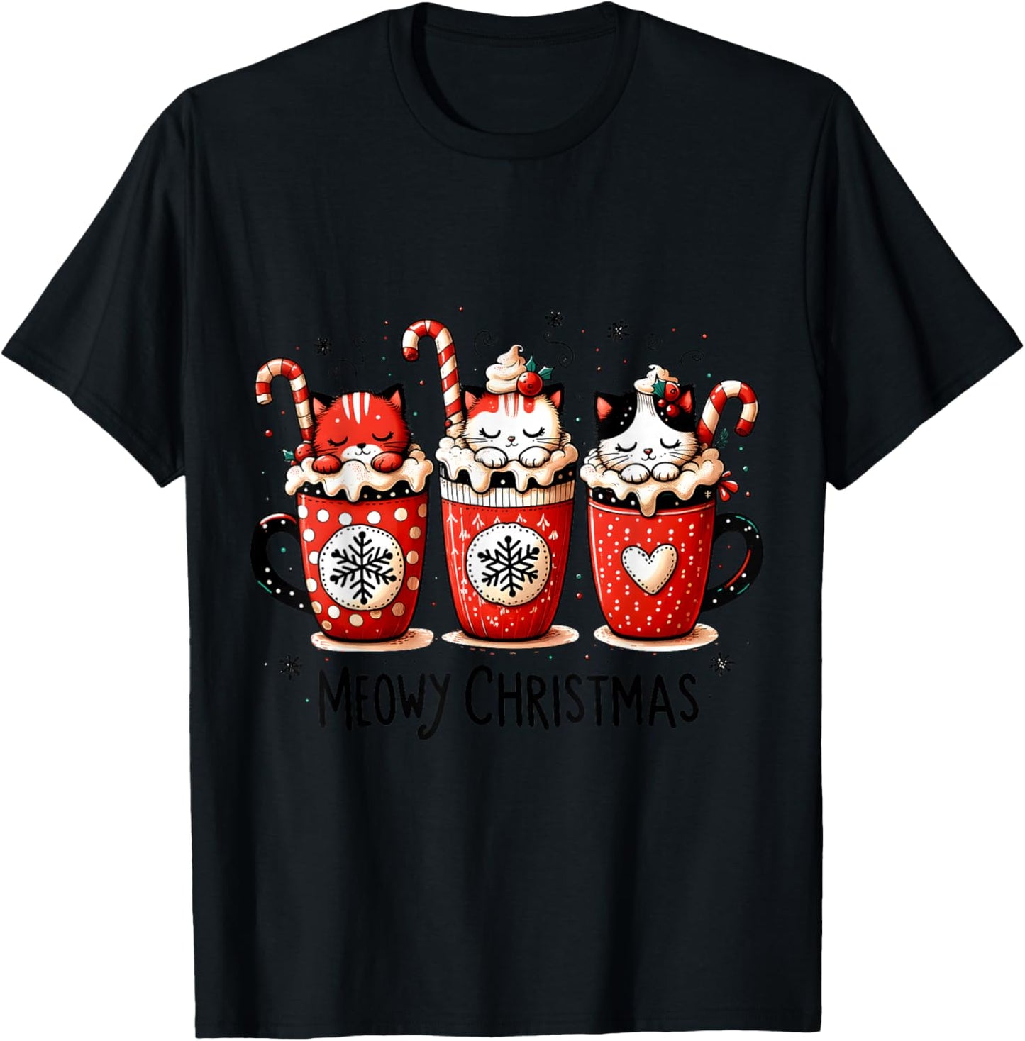 Meowy Christmas Cute Cats and Coffee Merry Xmas Graphic T-Shirt - T-Shirt | Black
