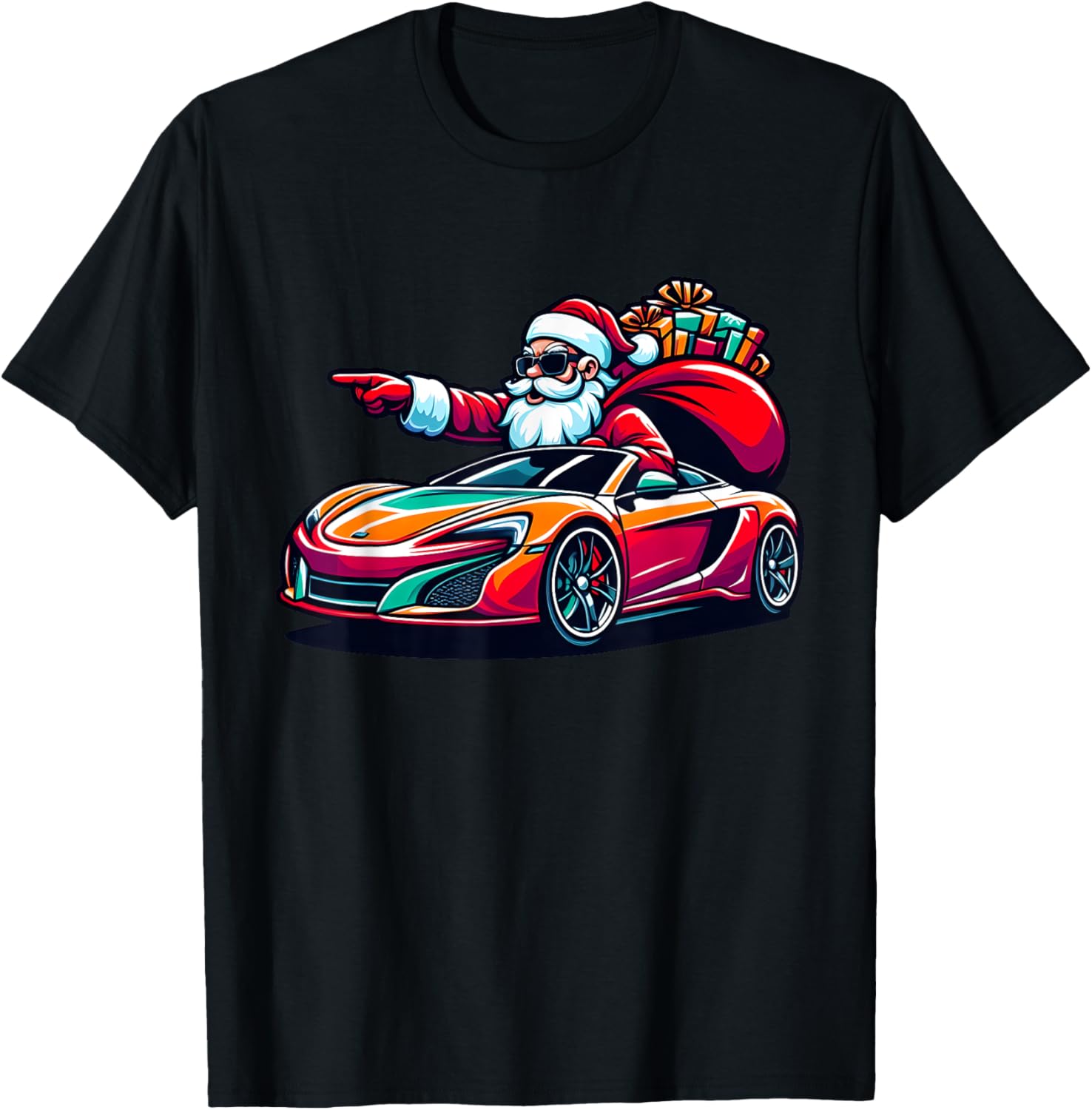 Funny Christmas Santa Claus Driving Sport Car Xmas Pajama T-Shirt - T-Shirt | Black